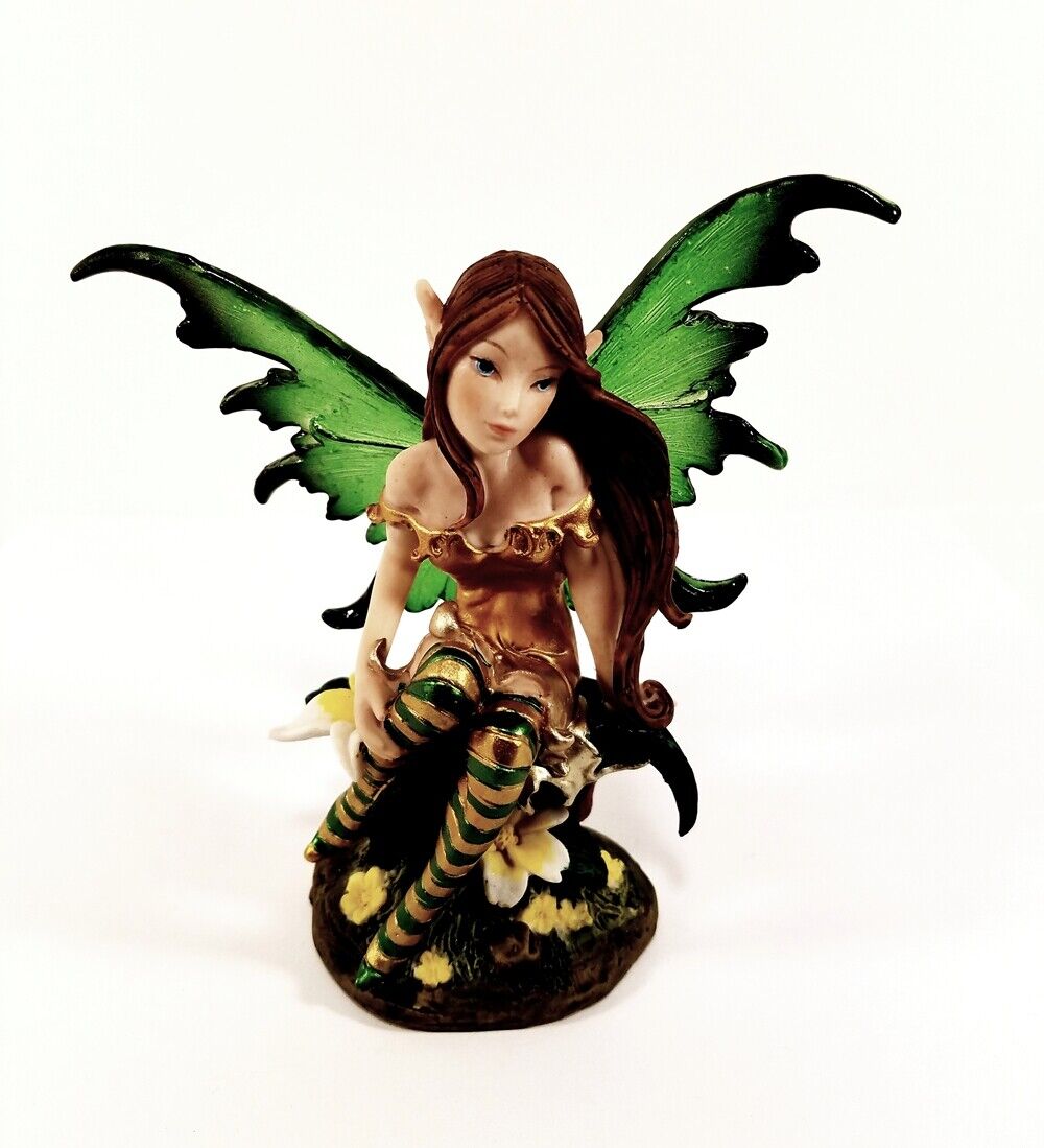 Green Fairy Pixie Sitting on Forest Lilly / Green Winged Fantasy Figurine