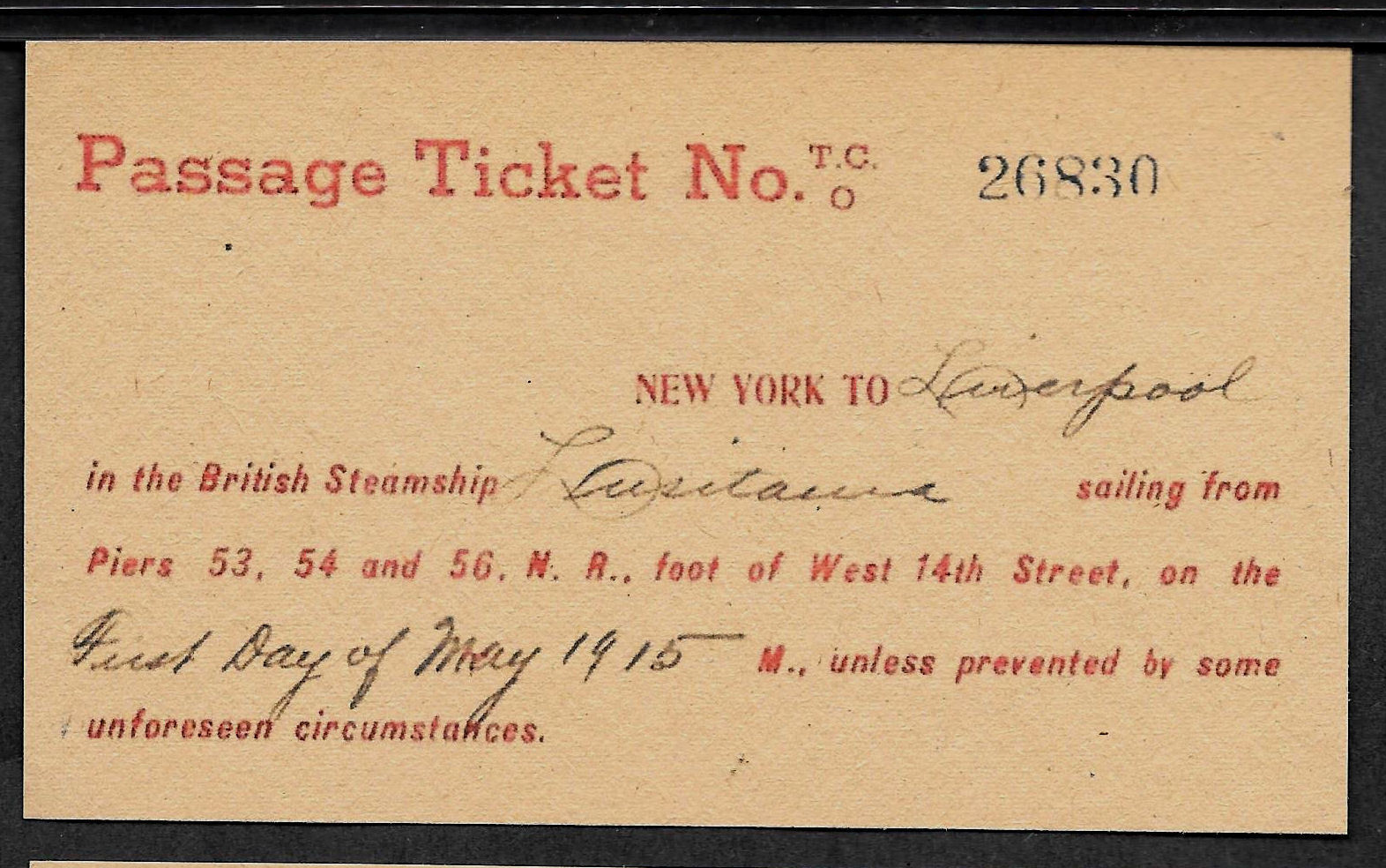 Lusitania Cunard Line Reprint Ticket On Original Period 1915 Paper Shipwreck 006