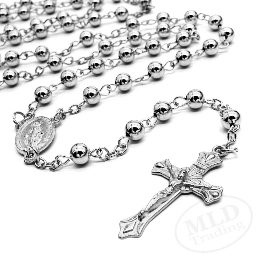 Silver Tone Metal Catholic Rosary Necklace 6mm Round Prayer Beads Virgin Mary