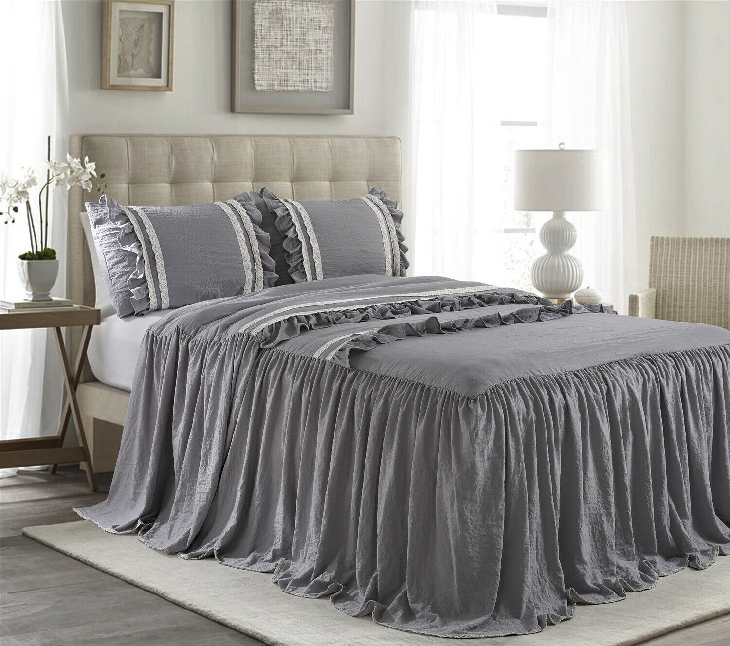 HIG 3 Piece EMMA Ruffle Skirt Bedspread Set 30 inches Drop Twin Queen King Size