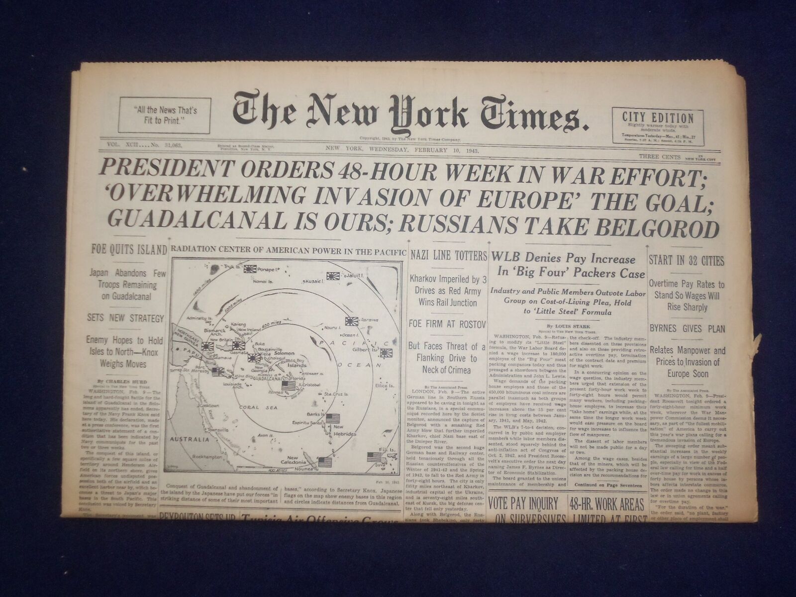 1943 FEB 10 NEW YORK TIMES - PRESIDENT ORDERS 48-HR WEEK IN WAR EFFORT - NP 6523