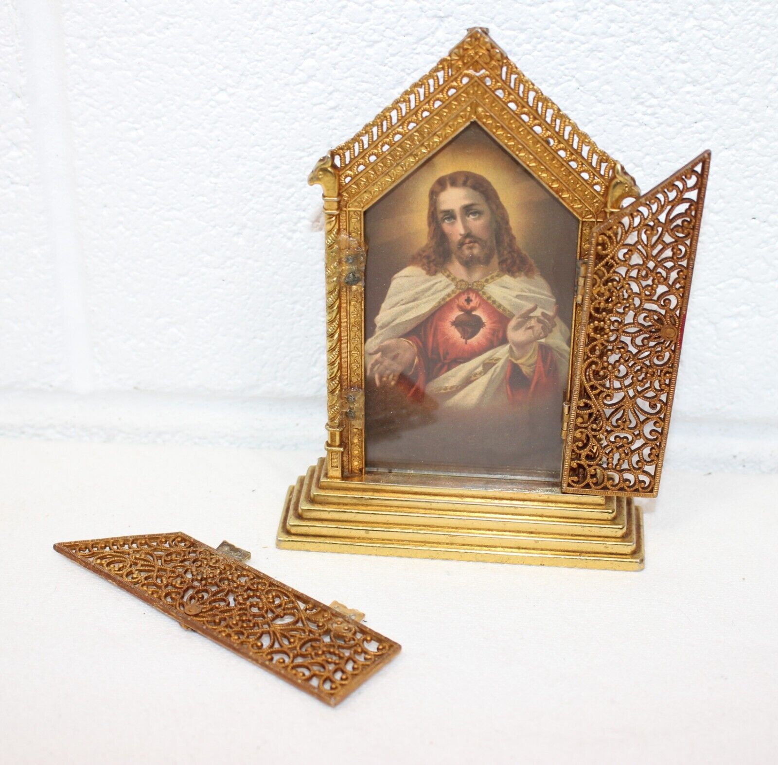 Vintage Gilded Metal Filigree Traveling Triptych Sacred Heart of Jesus Print