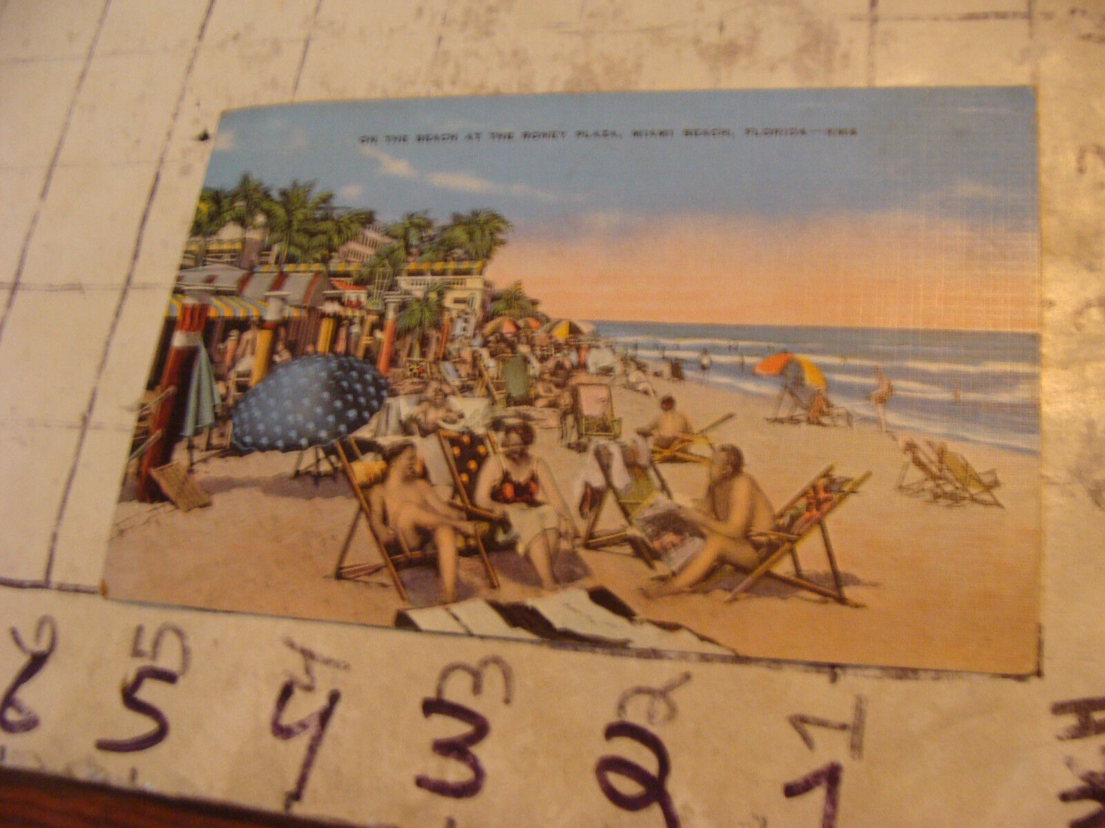 Orig Vint post card 1936 ON THE BEACH AT THE RONEY PLAZA, MIAMI BEACH, FL