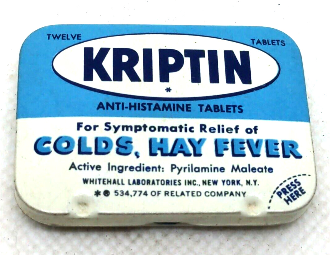 KRIPTIN Anti-histamine tablets Whitehall Laboratories New york Vintage tin
