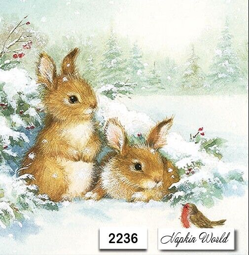 (2236) TWO Paper LUNCHEON Decoupage Art Craft Napkins BUNNY RABBITS WINTER SNOW