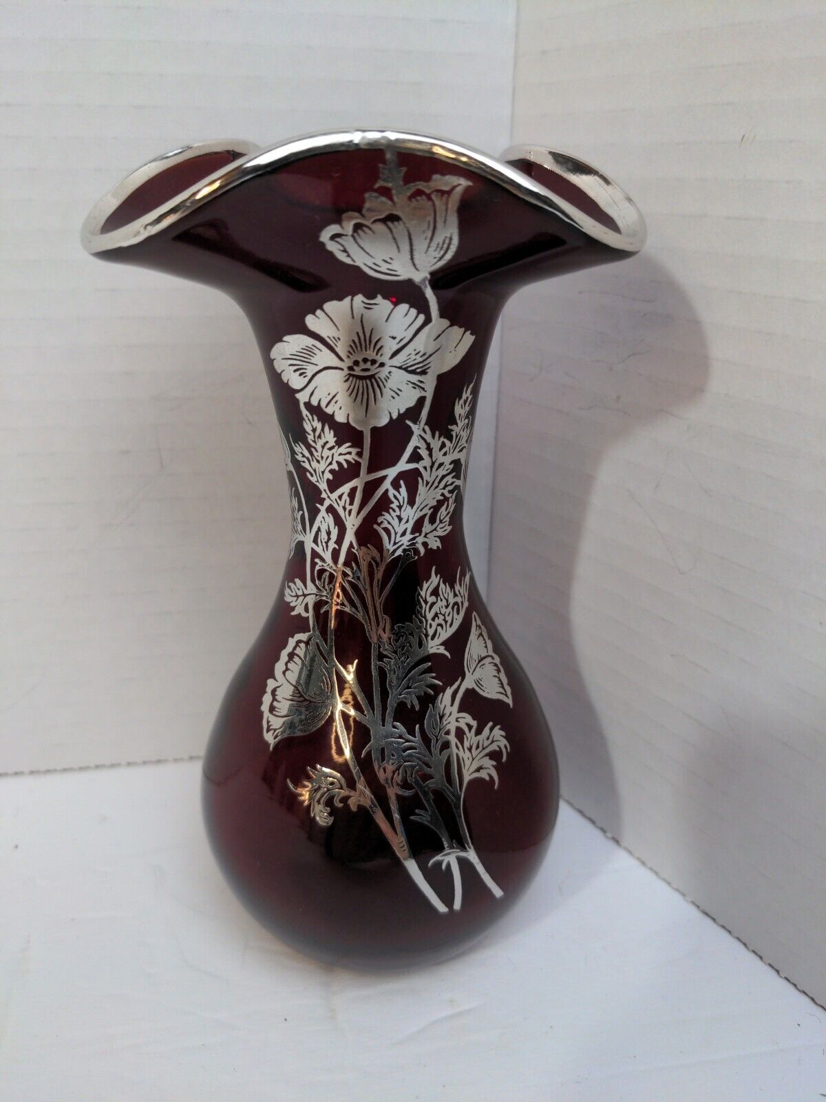 Mid Century Vintage 1950-60s Red Silver Overlay Small Bud Vase made Handblown 