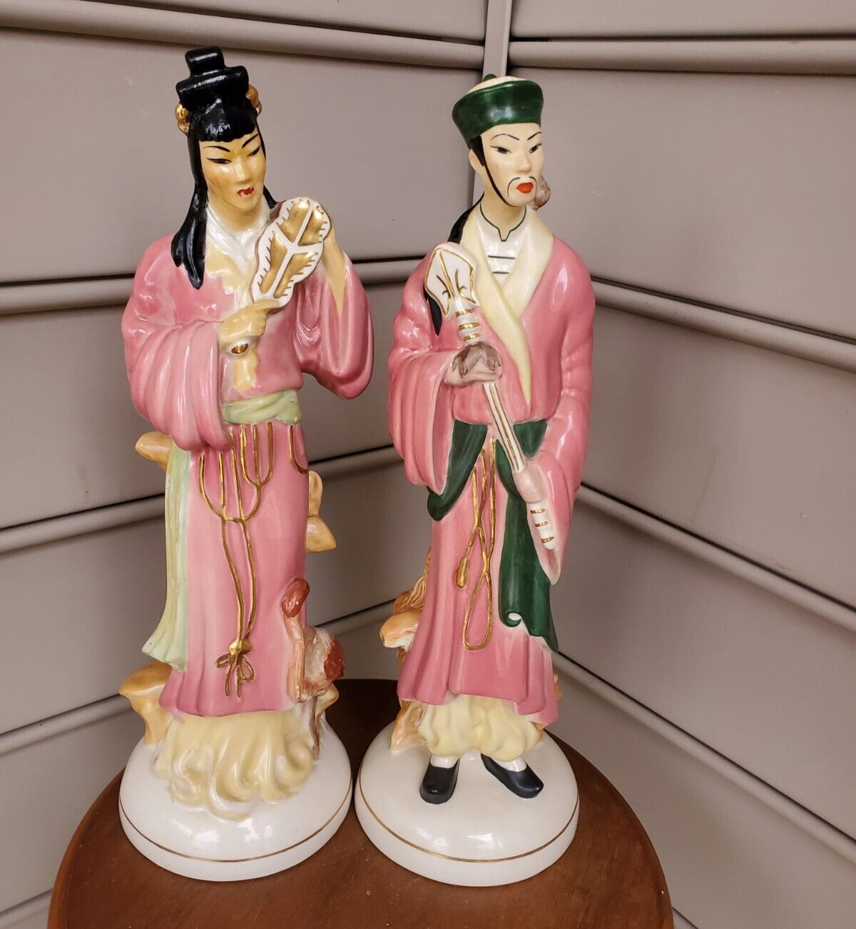 Pair Signed Vintage Chinese Lady & Bird, Man Statue Figurine Chinese Chinoiserie