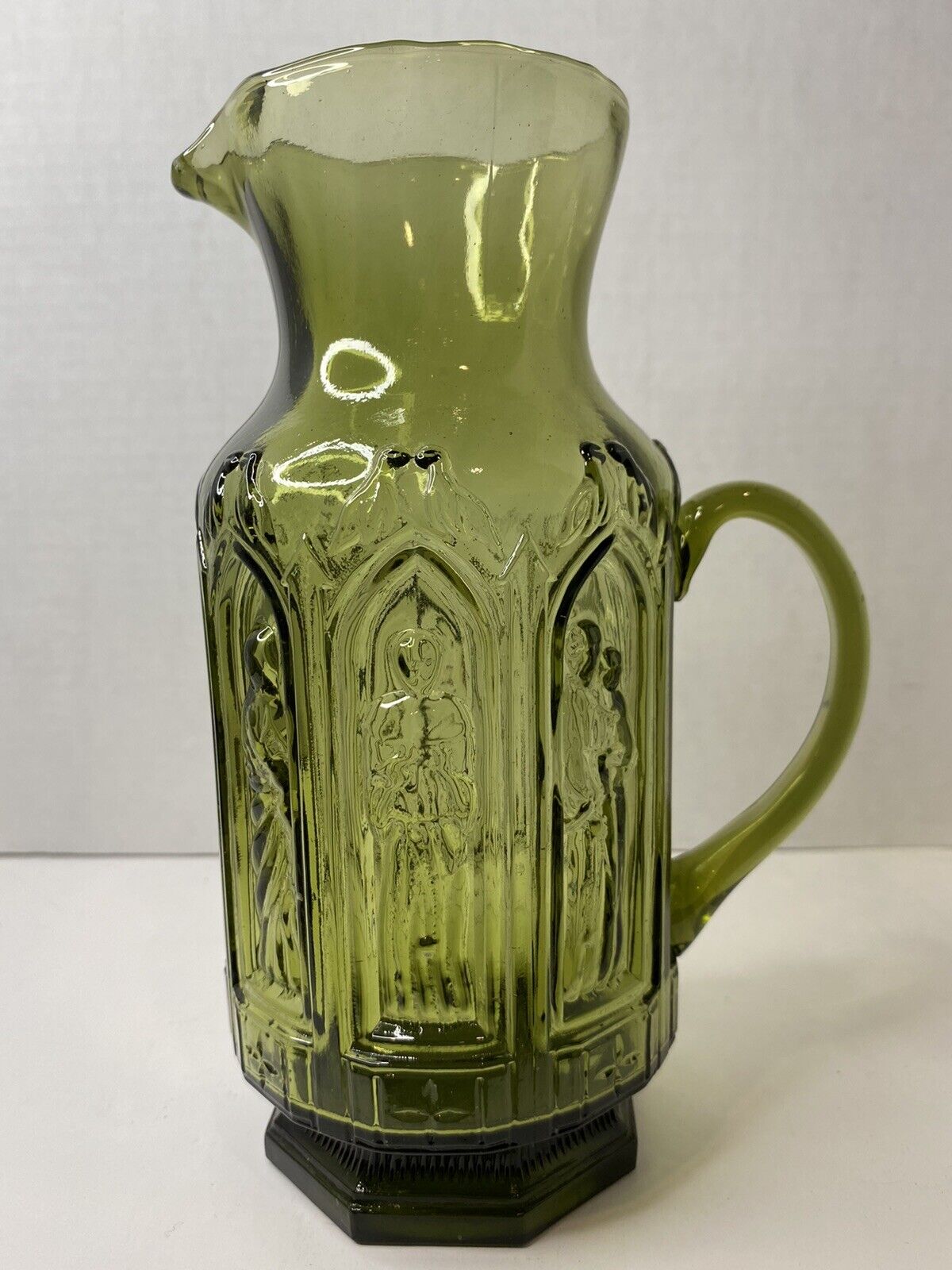 Vtg Avocado Green Glass Pitcher Carafe Impressed Statues Applied Handle MCM