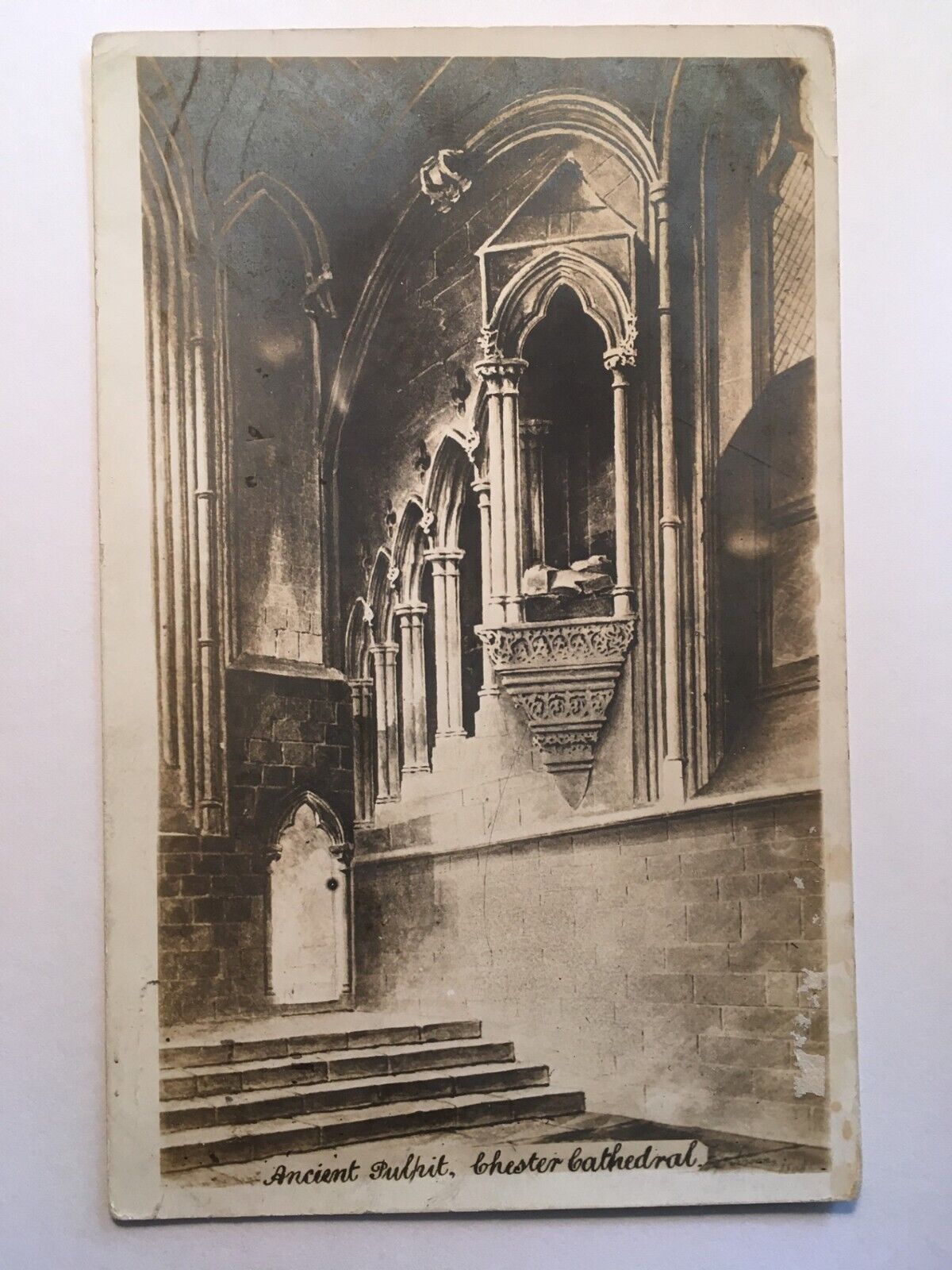 Ancient Pulpit Chester Cathedral Chestershire England RPPC Real Photo Postcard