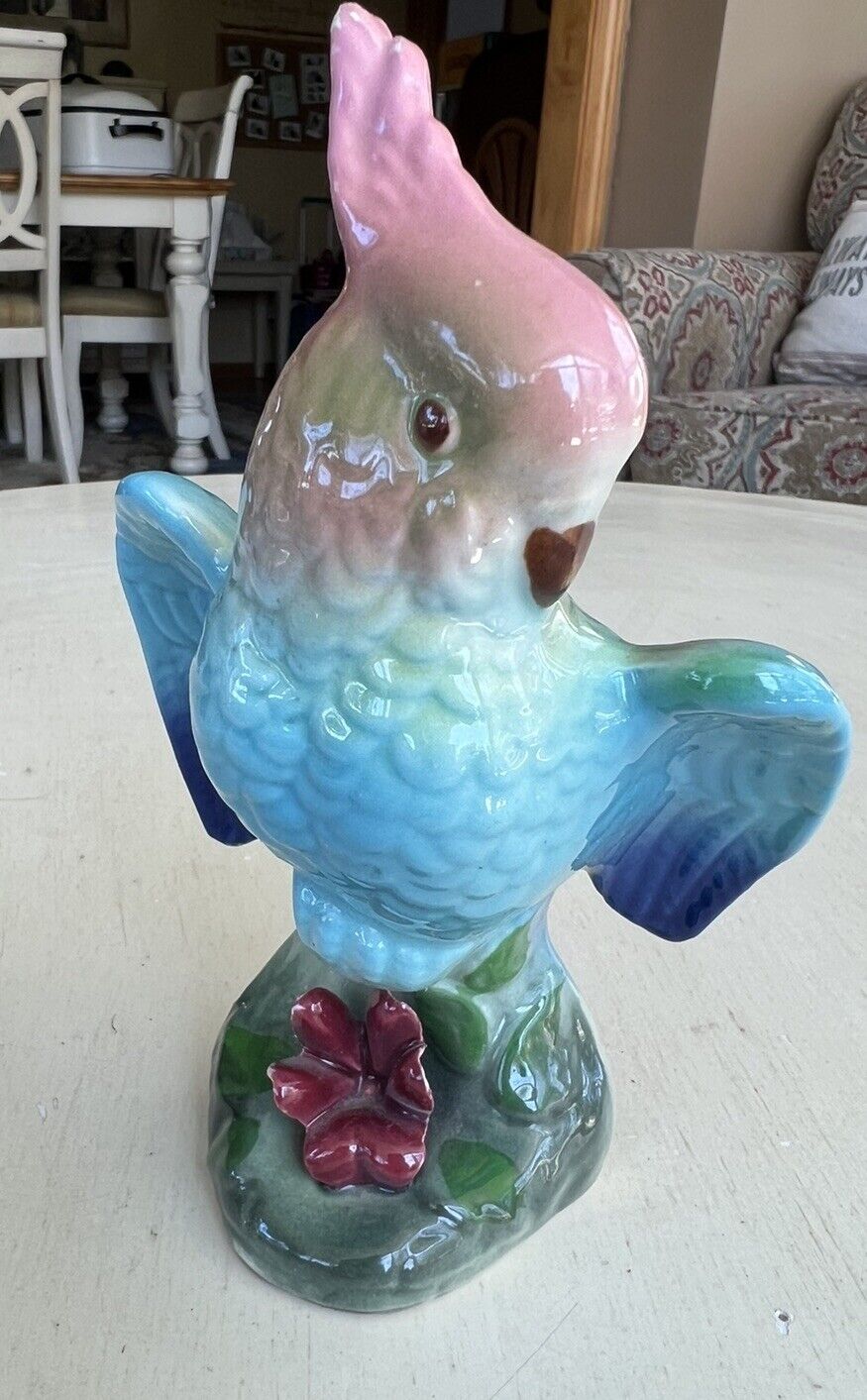 Vintage Ceramic Parrot Cockatoo Figurine Royal Copley Blue & Pink MCM