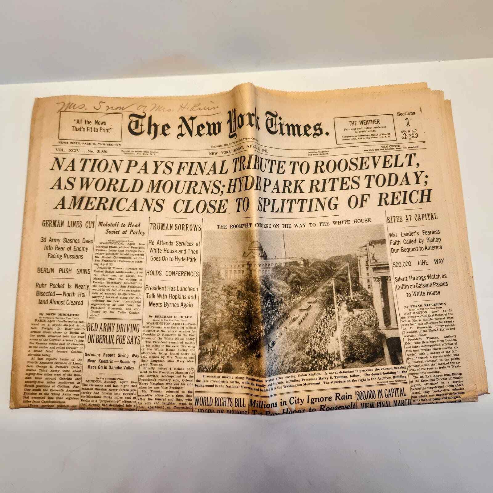 NY Times Roosevelt Final Tribute April 15, 1945 Newspaper Headline