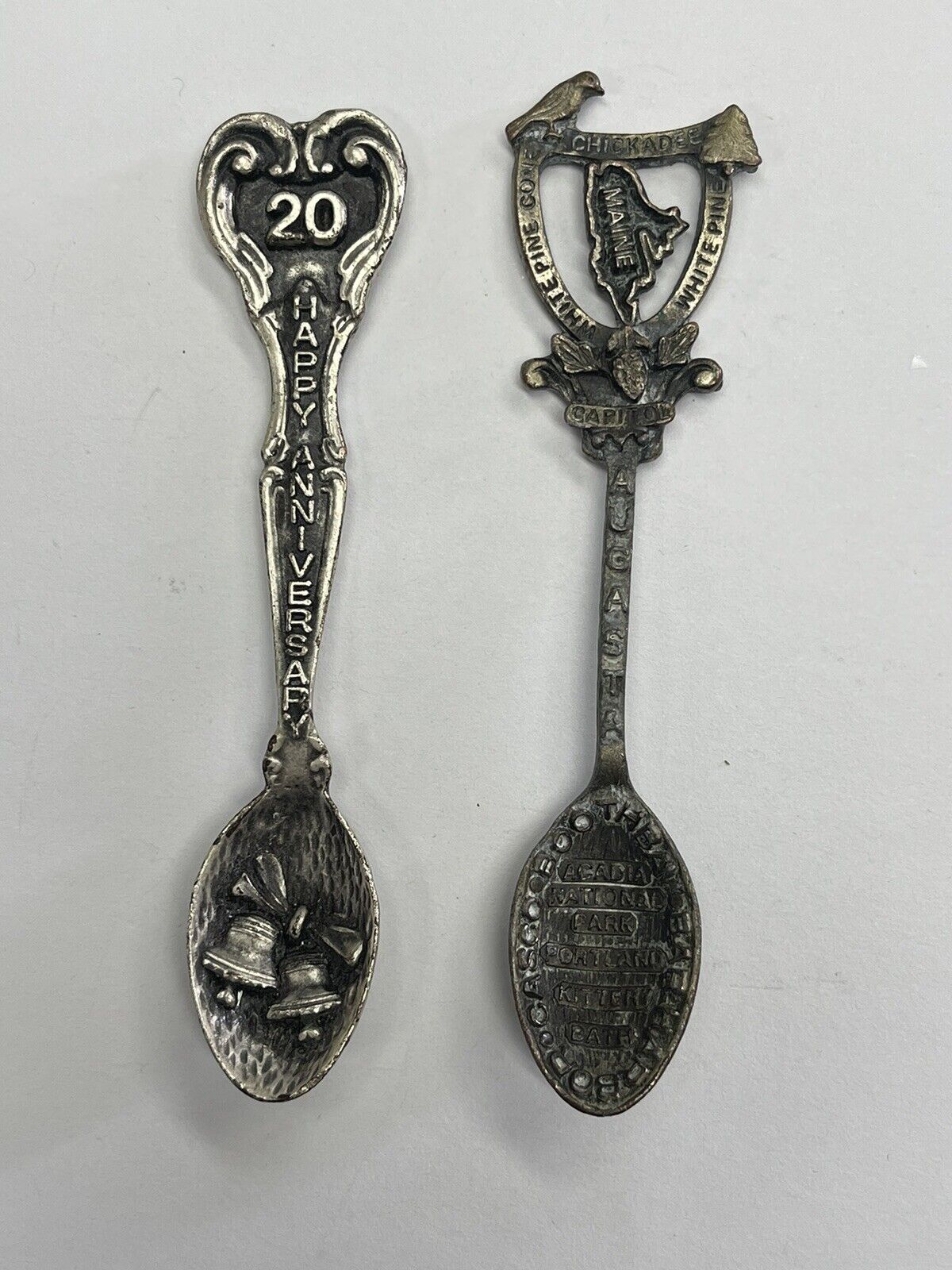 2 Gish Collectible Vintage Pewter Spoons. State Maine and 20 Happy Anniversary