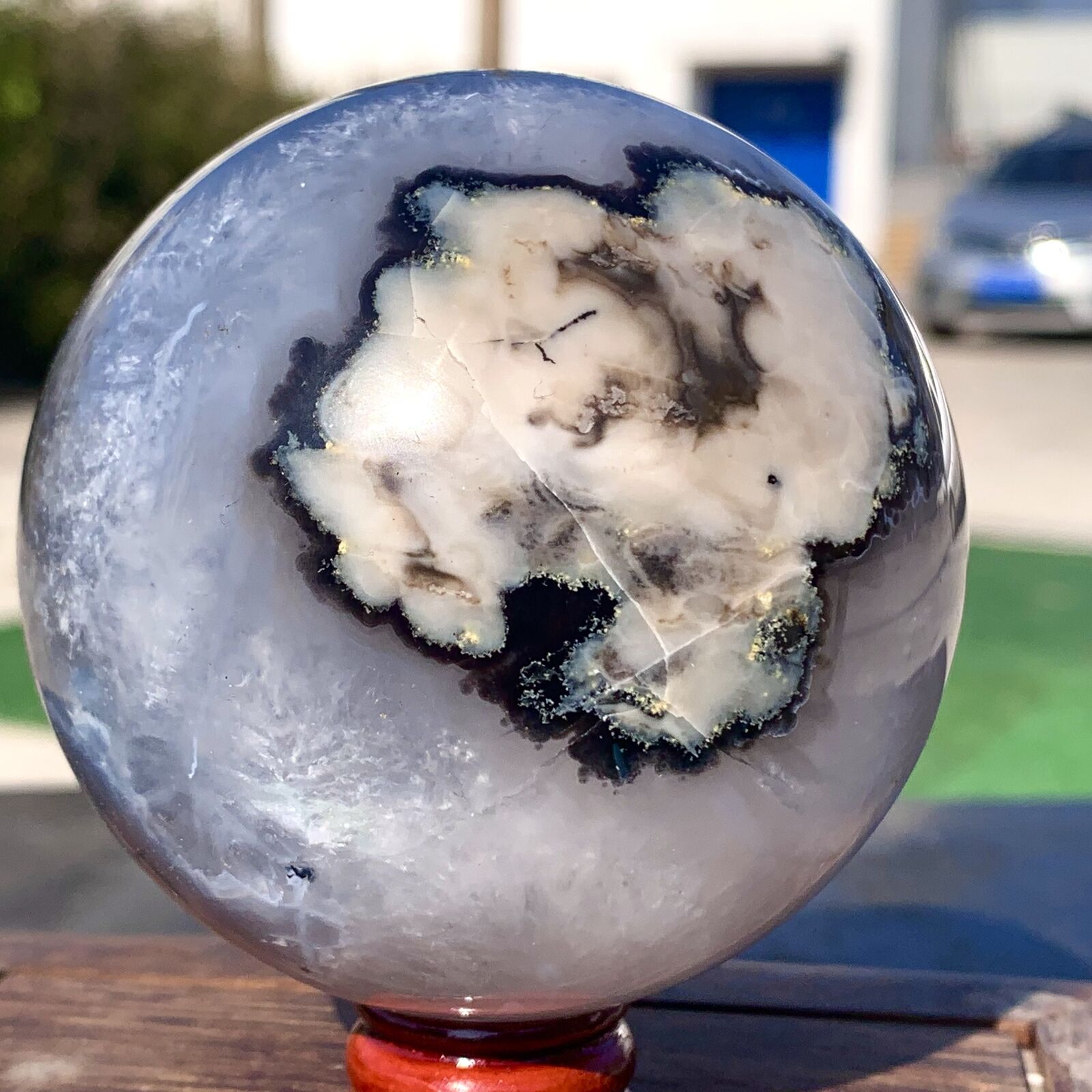 608G Natural black cherry blossom agate quartz crystal ball treatment