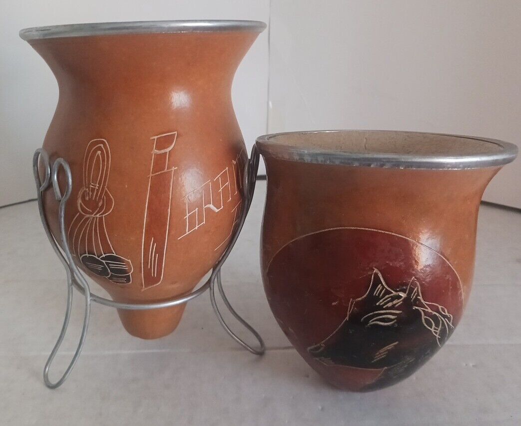  2 Handmade YERBA Mate Gourds With Carved Horse & Folk Art Designs 1 Metal Stand