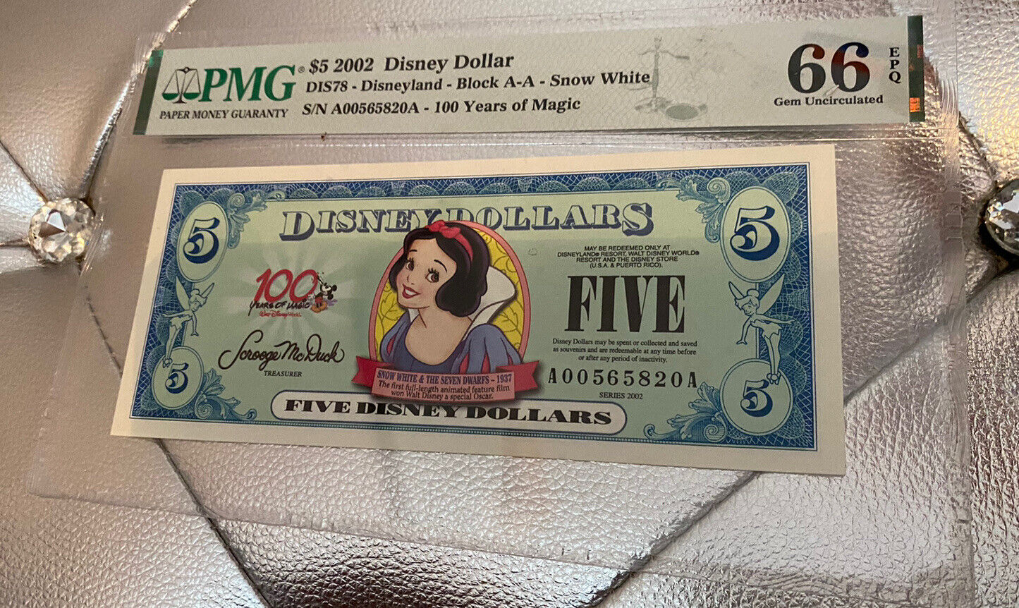 PMG 66 2002 $5 Snow White Disney Dollar Block AA