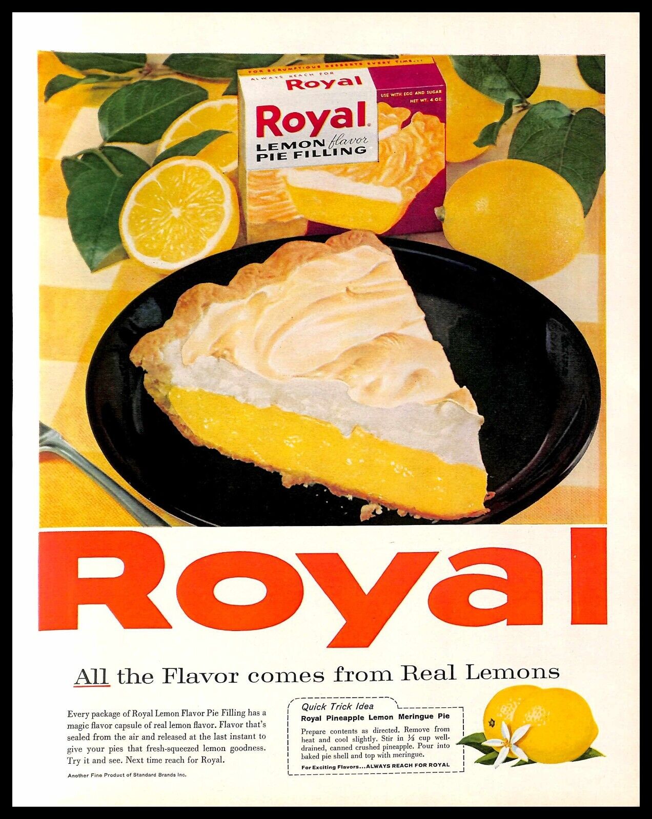 1961 Royal Lemon Flavor Pie Filling Vintage PRINT AD Dessert Meringue Pie Recipe