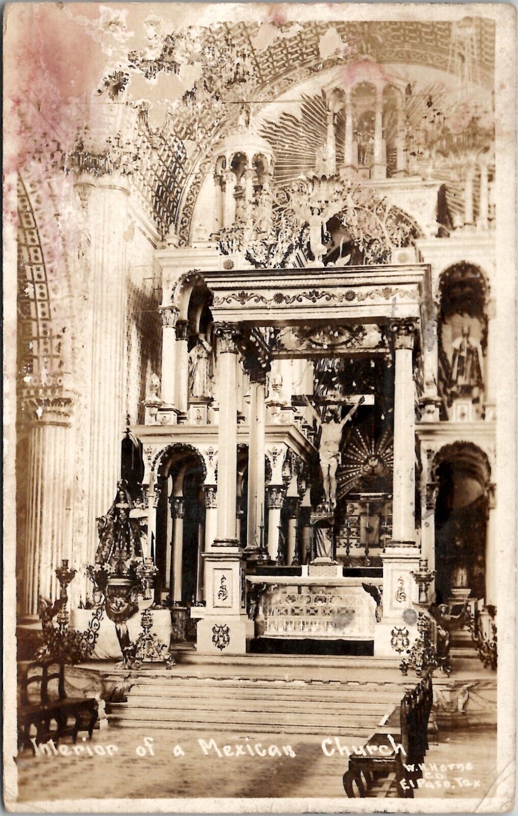 Interior of Mexican Church WH Horne El Paso TX 1918 to Honesdale PA Postcard Z23