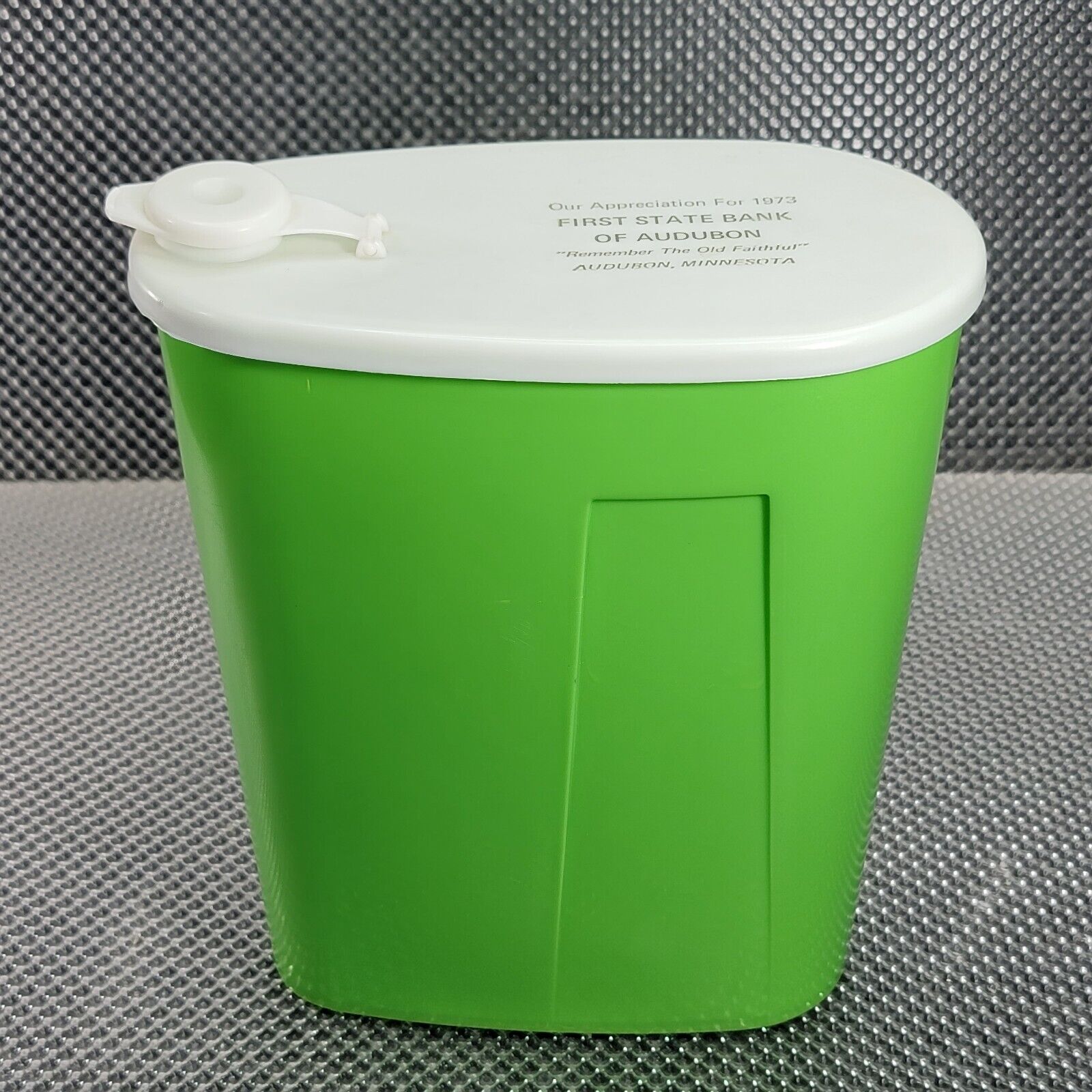 Vintage 1973 First State Bank Of Audubon MN Advertising Green Plastic Container 