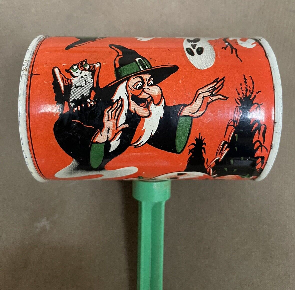 Vintage Halloween Noise Maker Witches-Cauldron  US Metal Toy with Cracked Handle