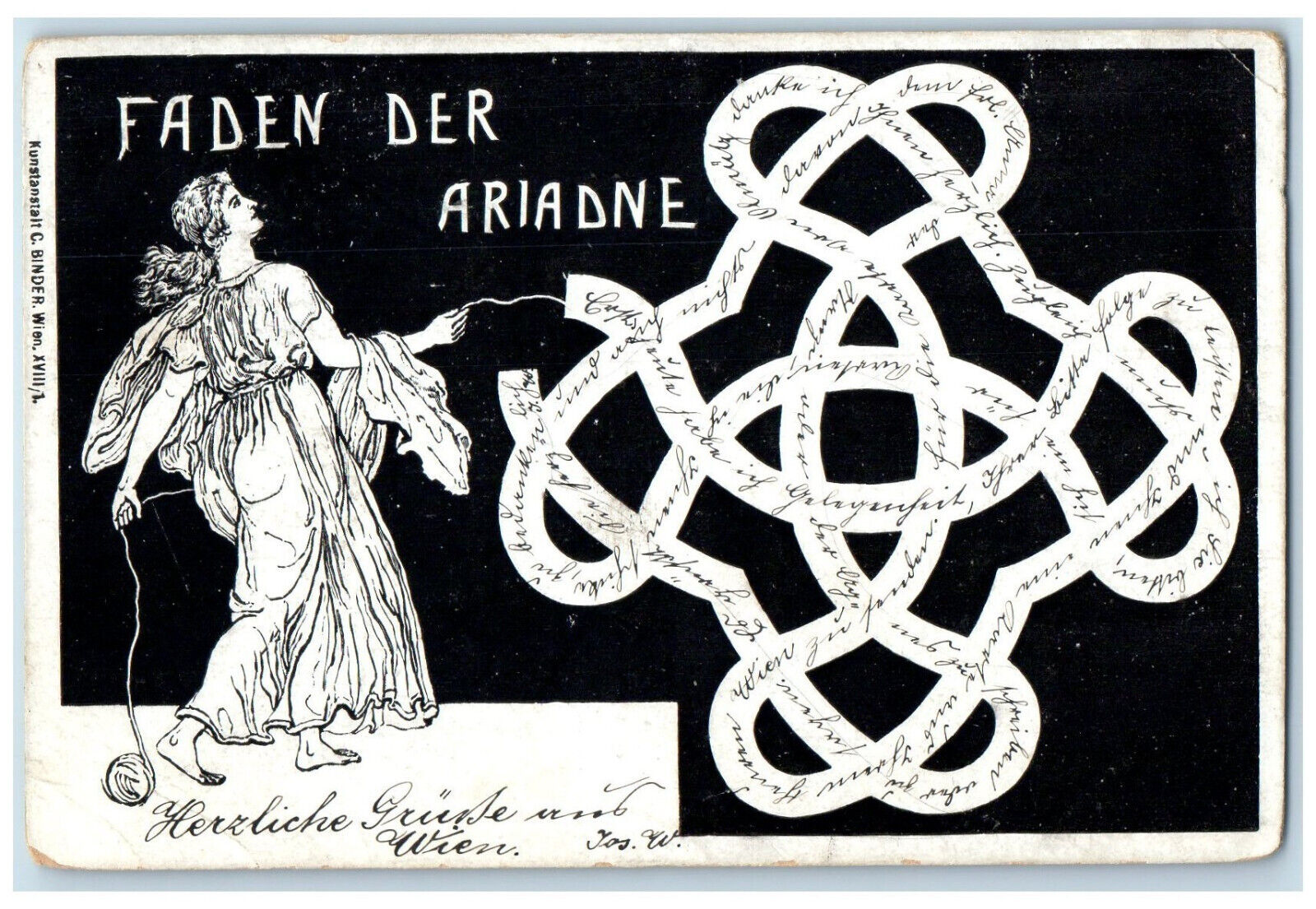 c1905 Woman Yarn Ariadne\'s Thread Warm Regards in Vienna Austria Postcard