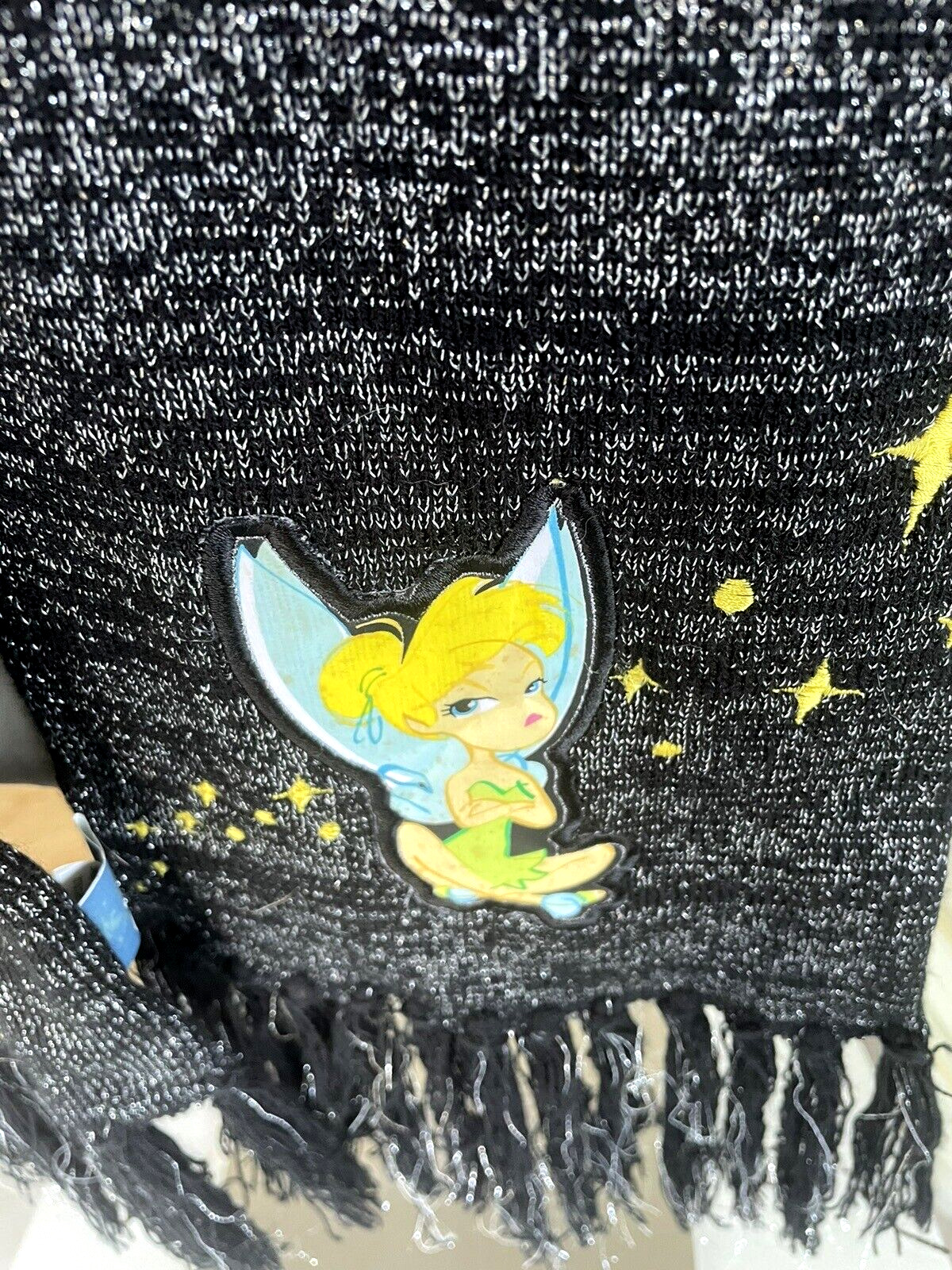 Disney Tinkerbell  Scarf Black Double  Knit with Silver  Lurex  7 1/2  X 72 inch