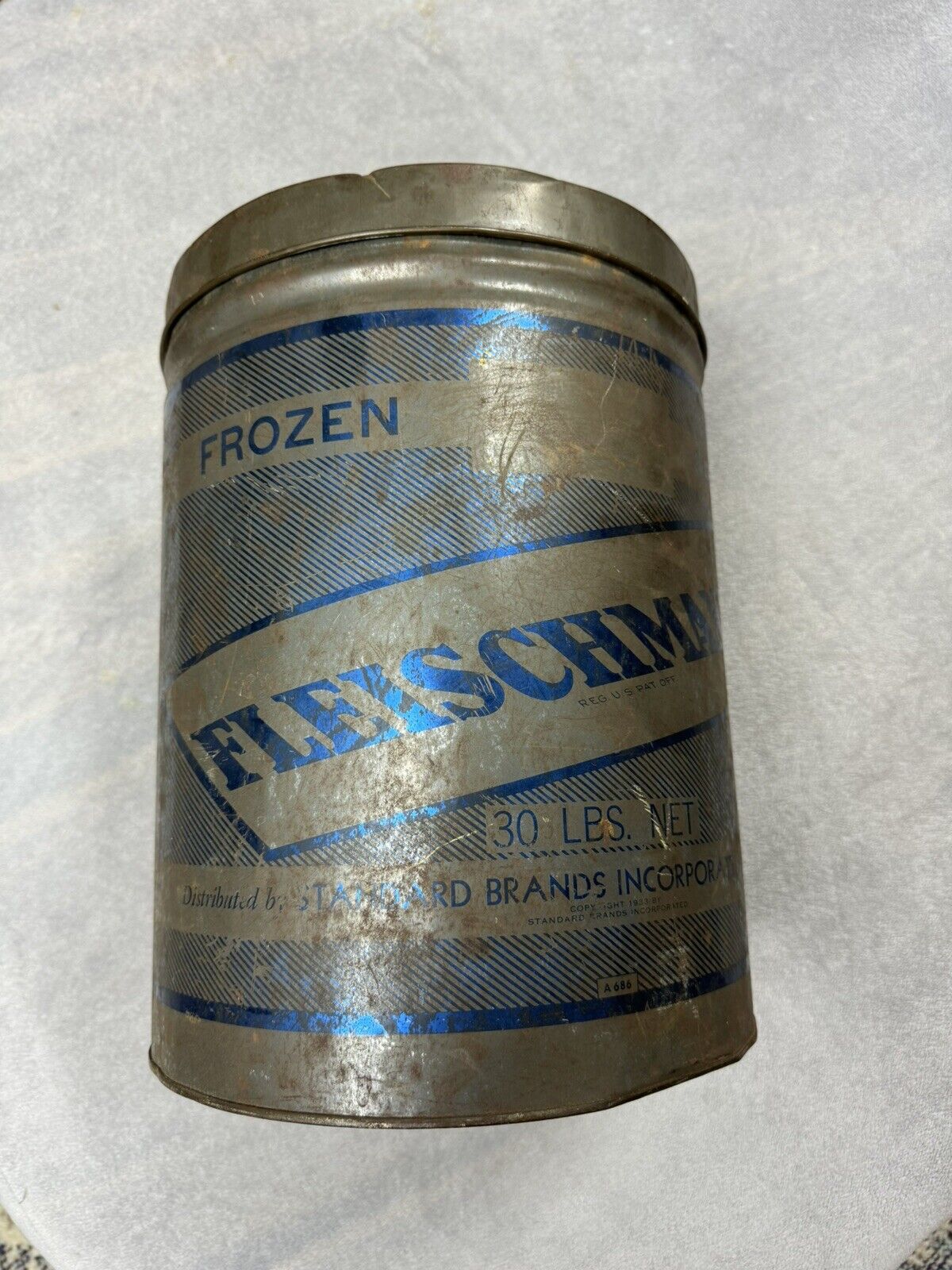 Vintage Fleischmann 30lb Advertising Frozen Food Tin Can w Lid EMPTY Blue/Silver