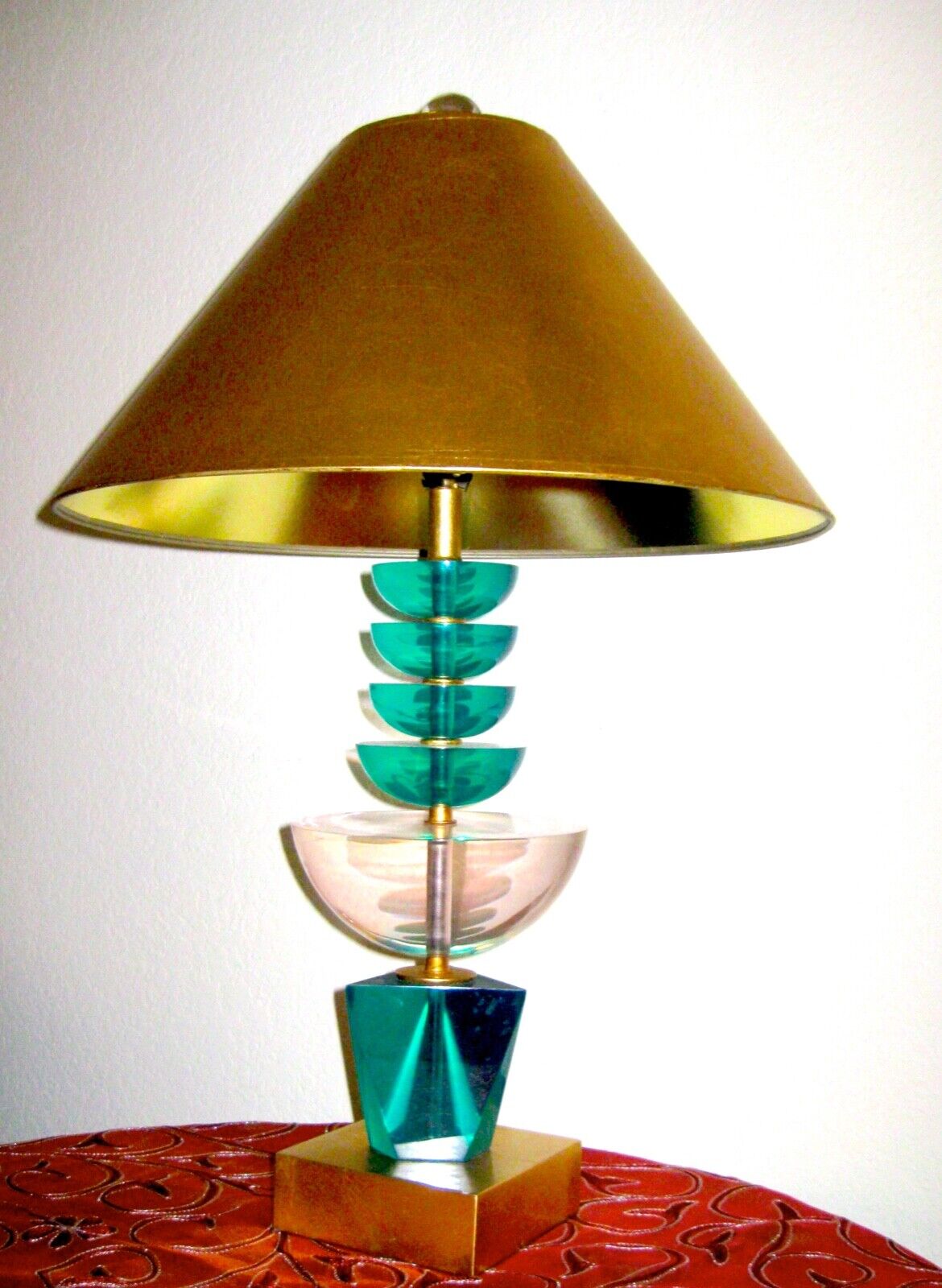 Vintage 1979 Original Van Teal Stacked Clear and Green/Teal Lucite Table Lamp.