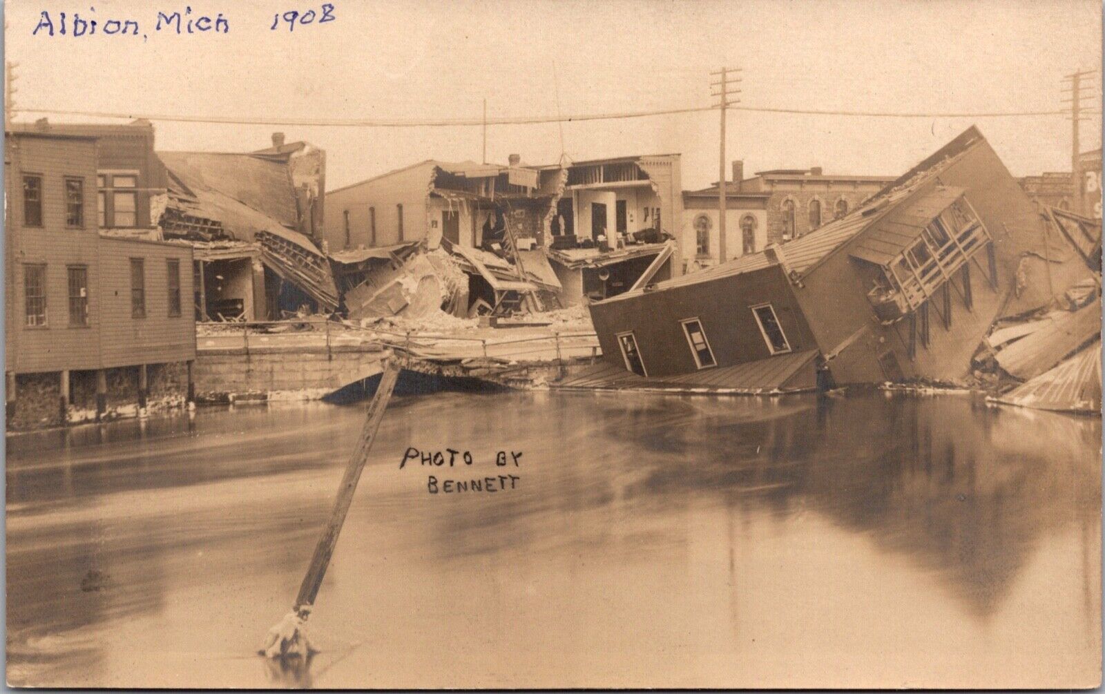Real Photo Postcard 1908 Flood in Albion, Michigan 60 Inches of Snow Heat Wave