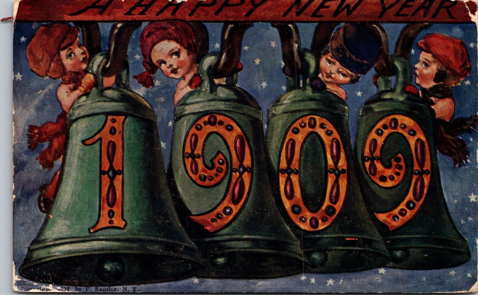 New Year Postcard Antique Children Cherub In Hats Ring Large Green Bells 1909