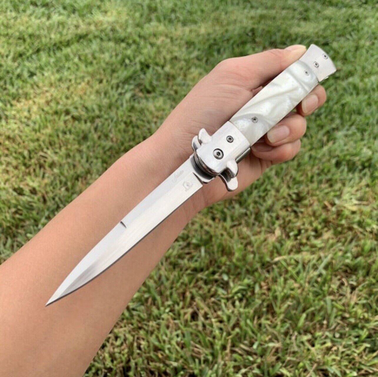 9” Pearl Marble Tactical Spring Assisted Folding Pocket Knife Hunting Survival