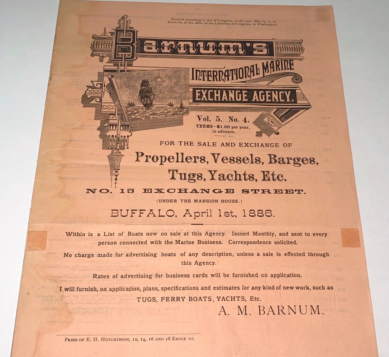 Rare Antique Barnum\'s International Marine Exchange Agency Nautical Ship List NY