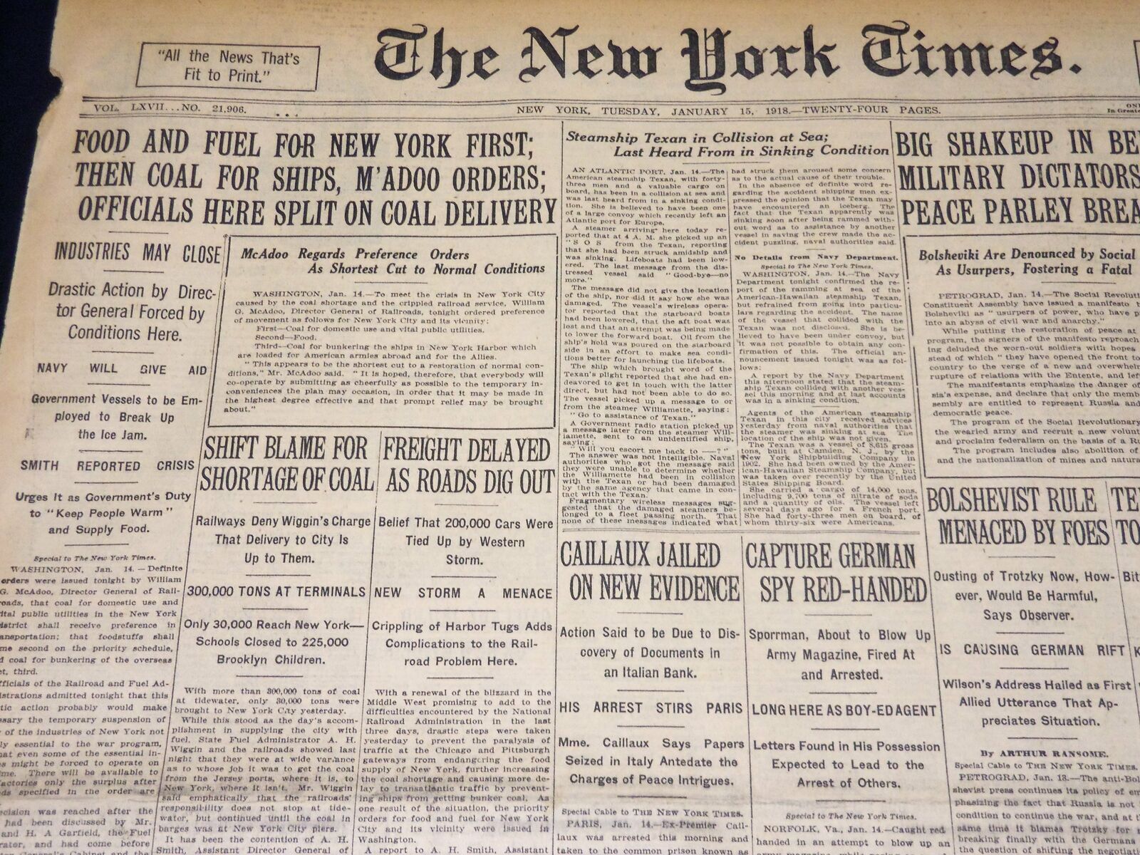 1918 JANUARY 15 NEW YORK TIMES - FOOD AND FUEL FOR NEW YORK FIRST - NT 7924