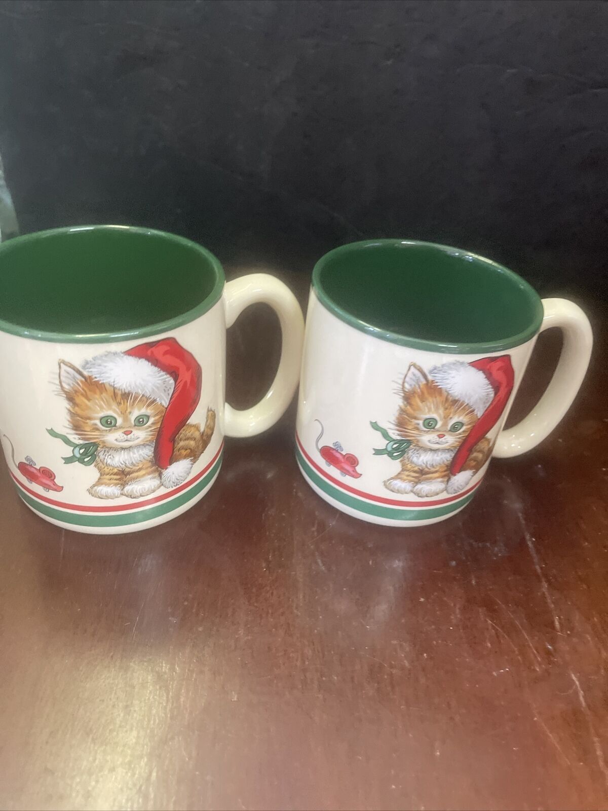 Pair Vintage 1989 Potpourri Press Kitten Cat Coffee Cup Mug Christmas Santa Hat