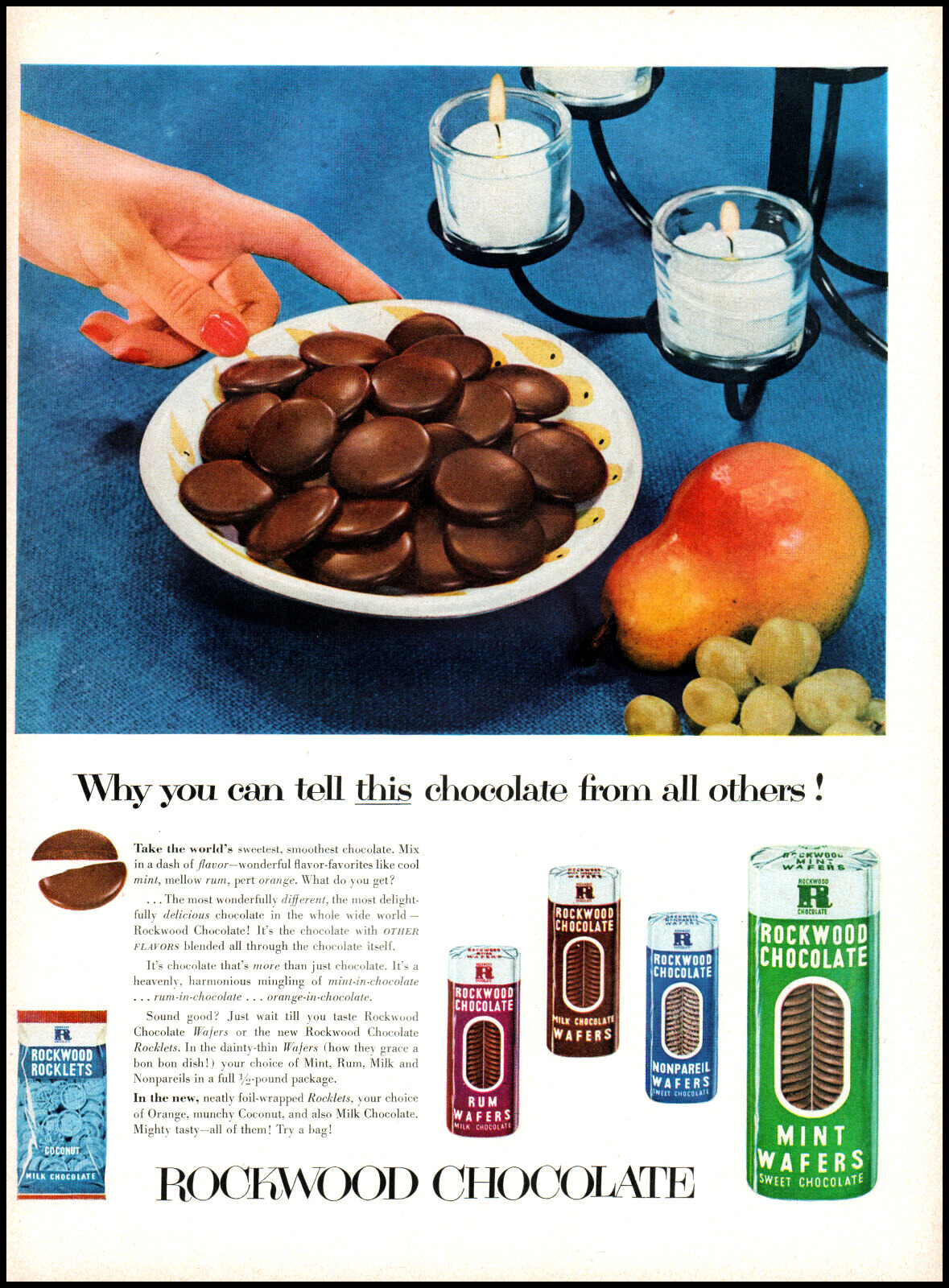 1953 Rockwood Chocolate mint wafers rum woman\'s hand retro photo print ad L97