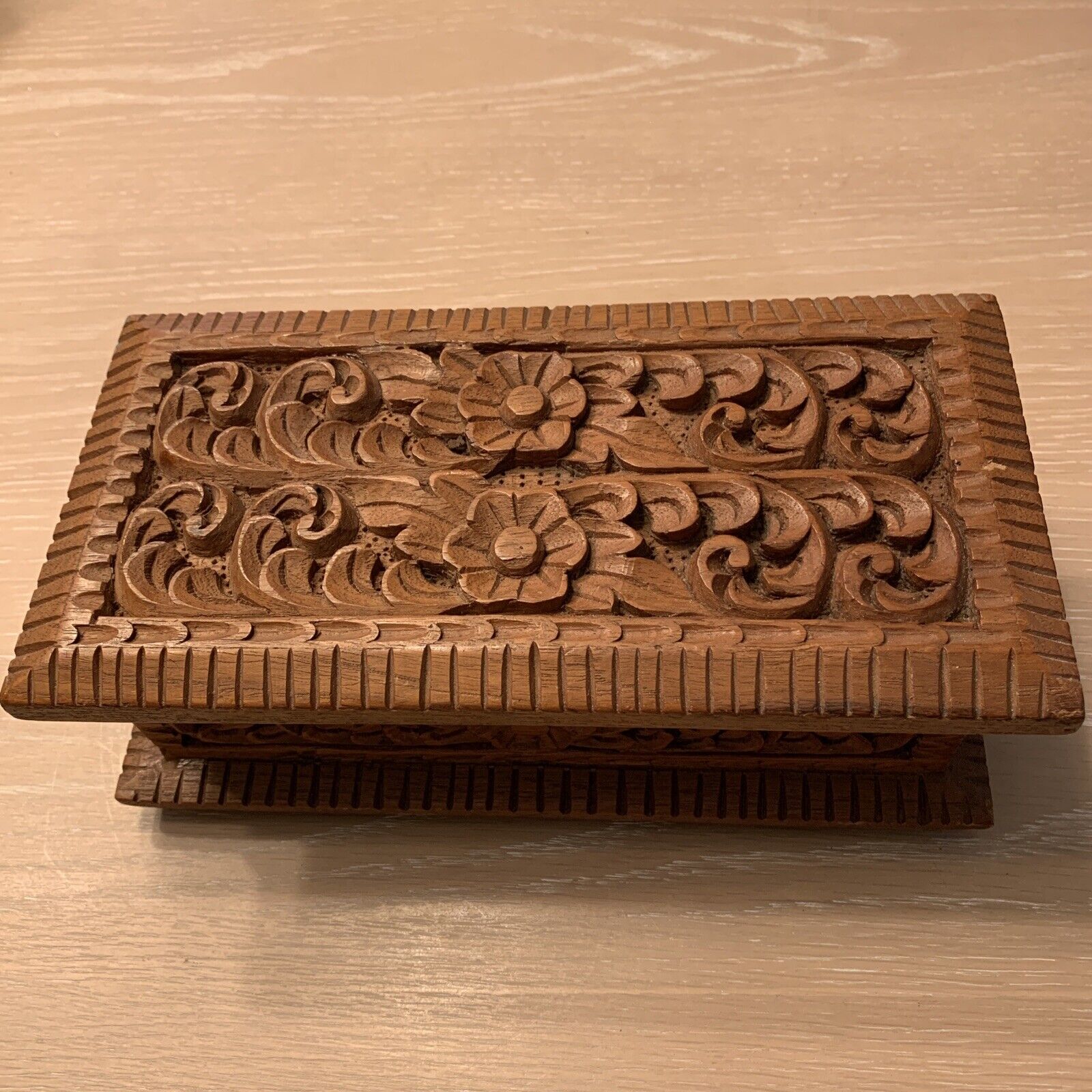 Intricate Hand Carved Wooden Jewelry Box - Beautiful Work 10 X 5 X 3.75 Inches