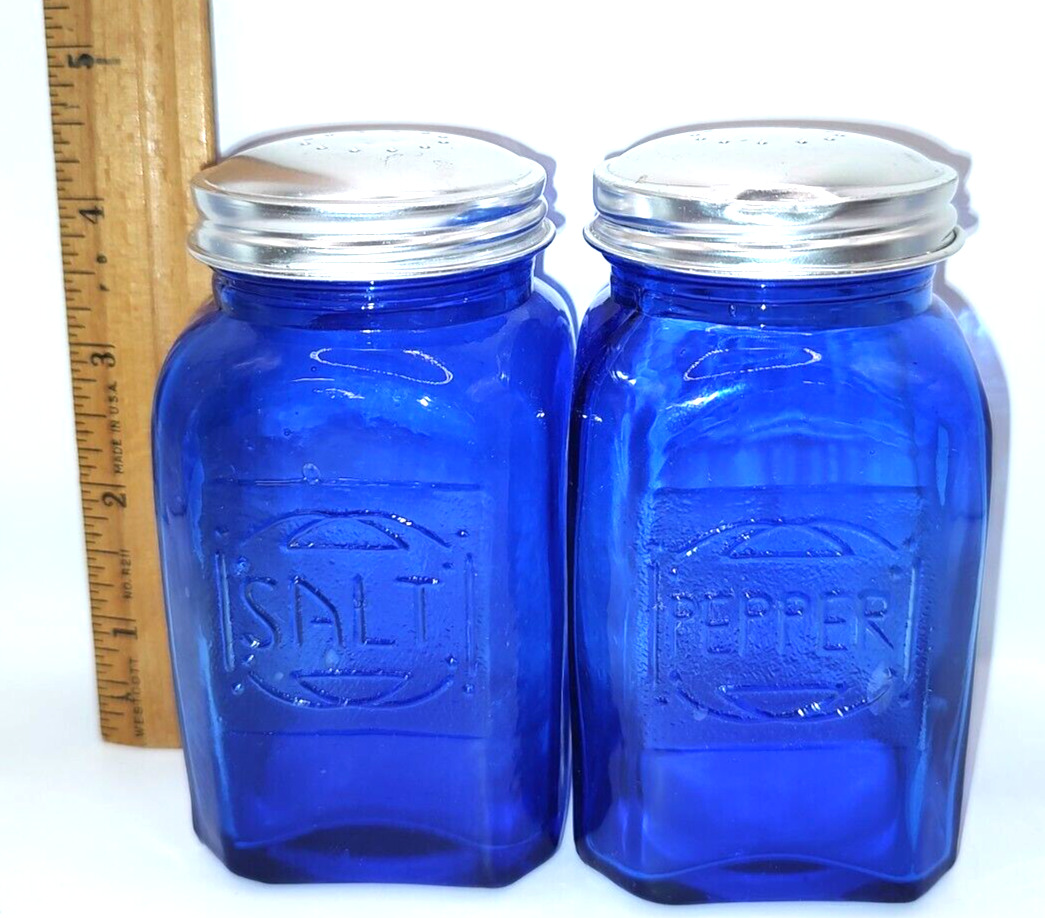 Large Cobalt Blue Depression Style Glass Salt & Pepper Shakers. 