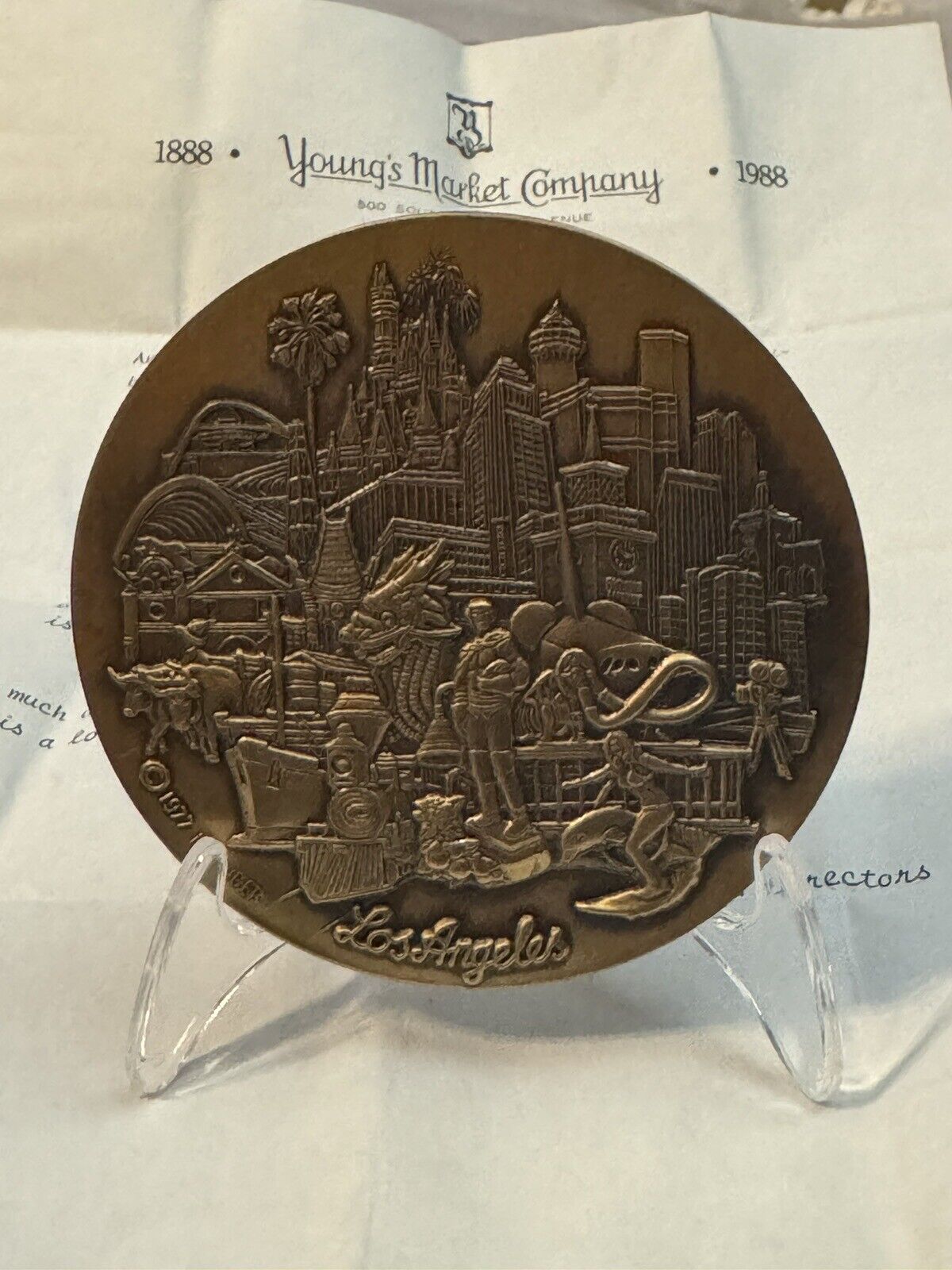 1977 K Mager Los Angeles 3” Bronze Medallion / 1988 Young’s Market Company