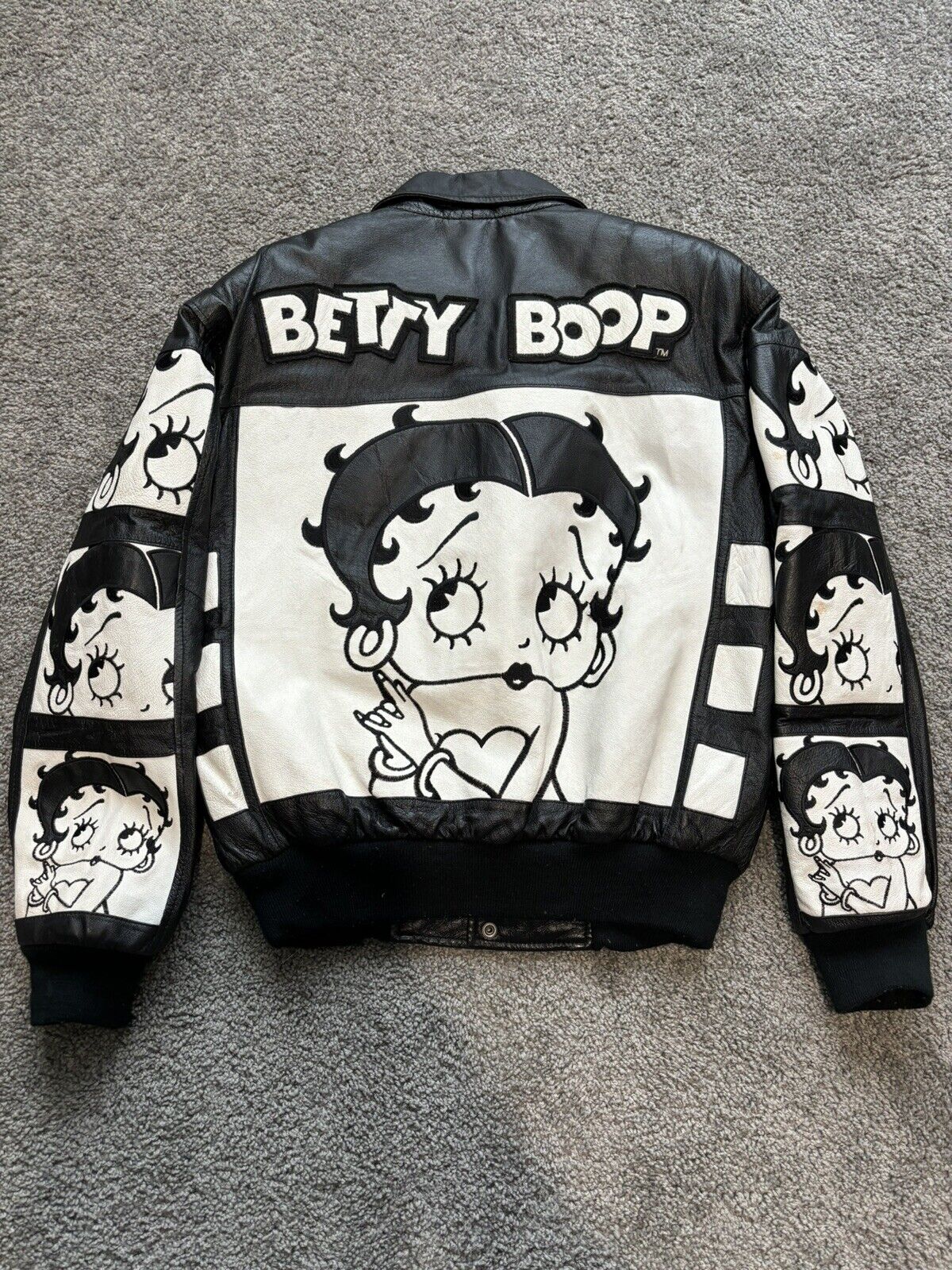 Vintage 1996 AMERICAN TOONS Betty Boop Black White Adult Leather Jacket sz Small