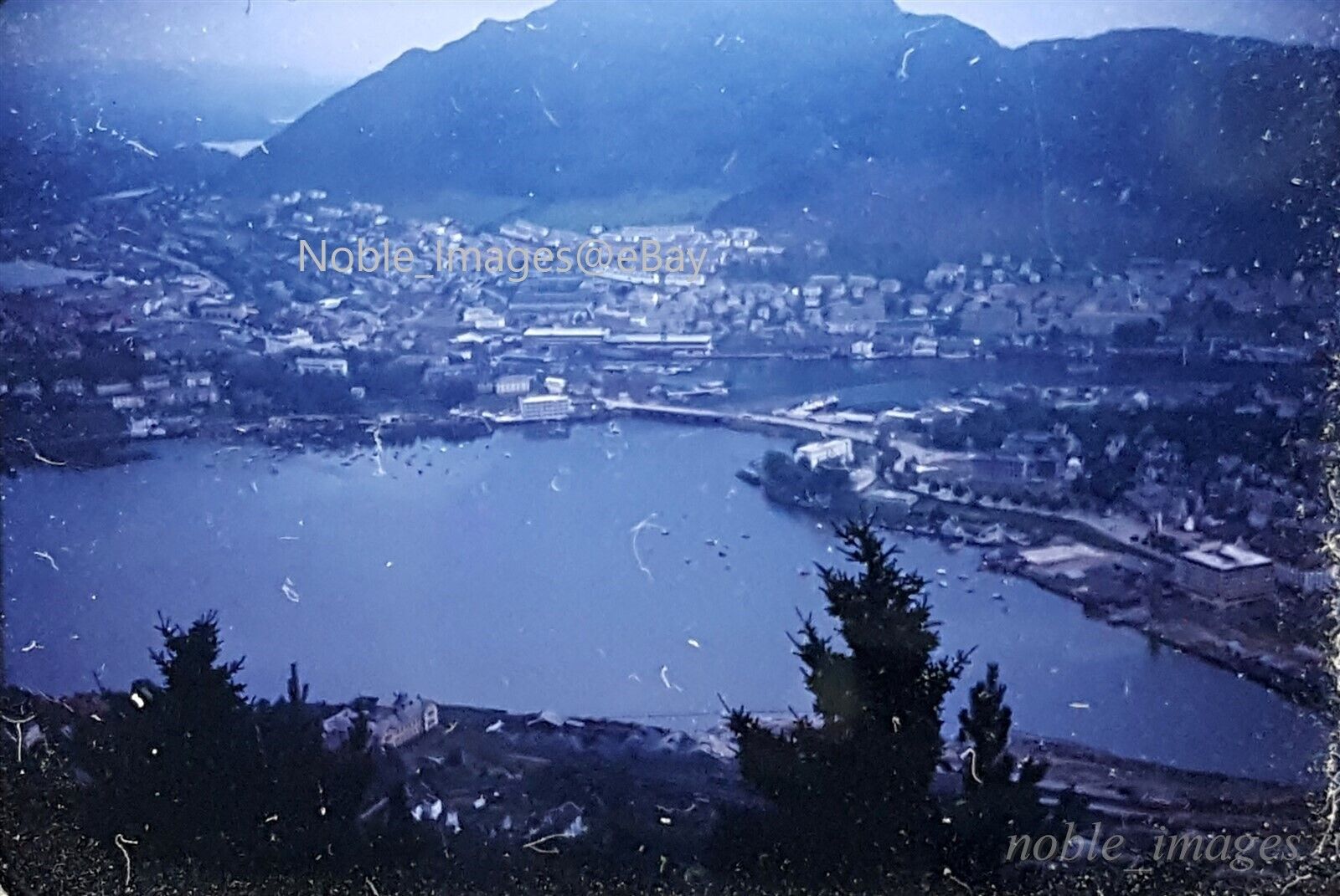 1940s Aerial View Cityscape Bergen Norway Glass Covered Kodachrome Color Slide