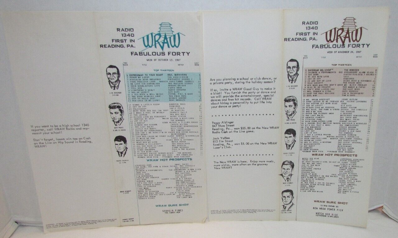 WRAW Reading, PA Top 40 Survey Charts, 1967, Monkees, Kit Kats, Small Faces