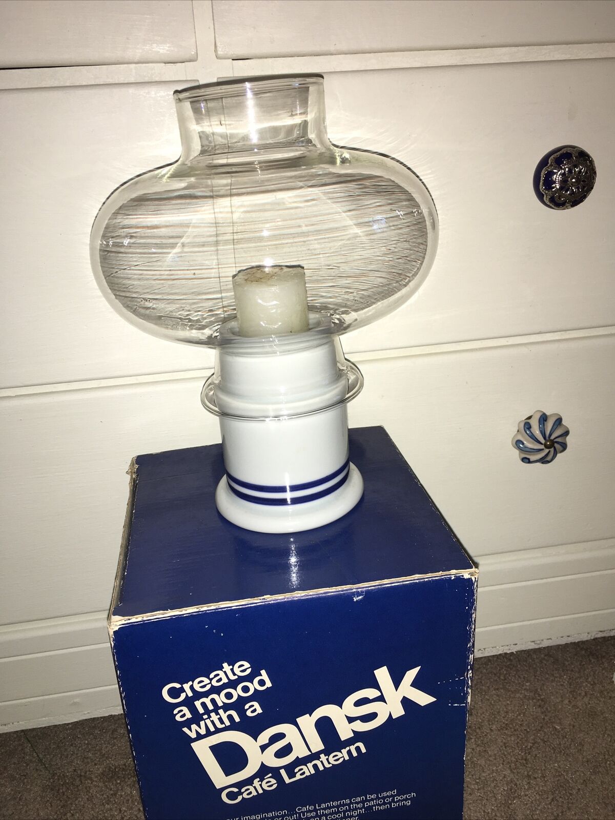 Vintage Dansk Cafe Lantern used in original box , blue stripe