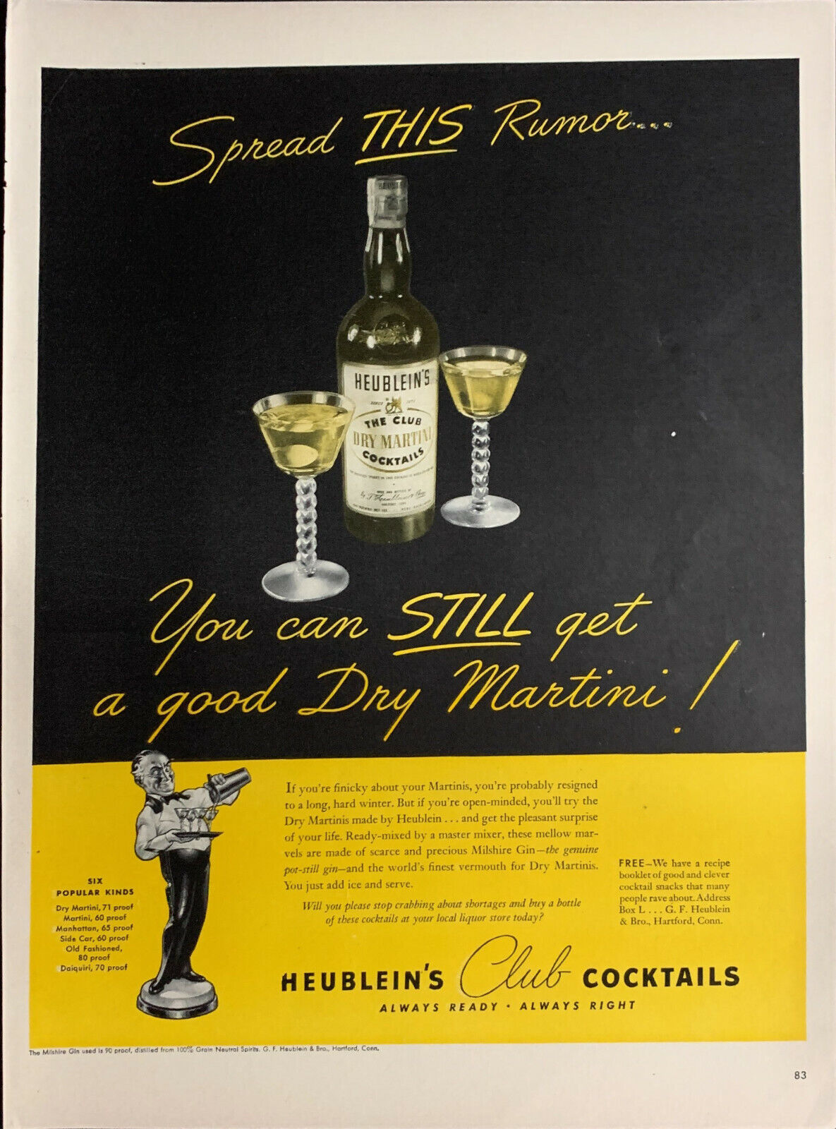 Vintage 1942 Heublein's Club Cocktails Dry Martini  Print Ad Advertisement