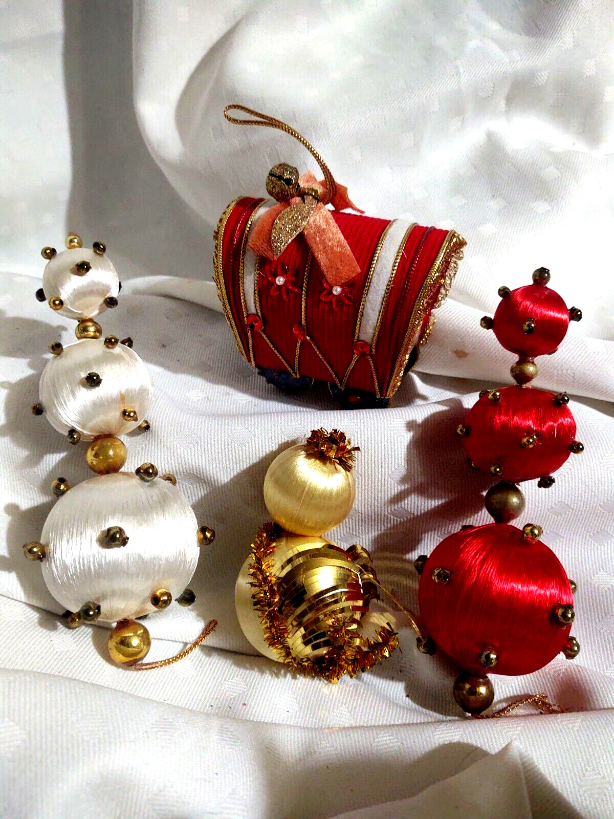 4 VTG Xmas Ornaments Silk Satin Threads Pins Beads 1950\'s-1960\'s Handmade