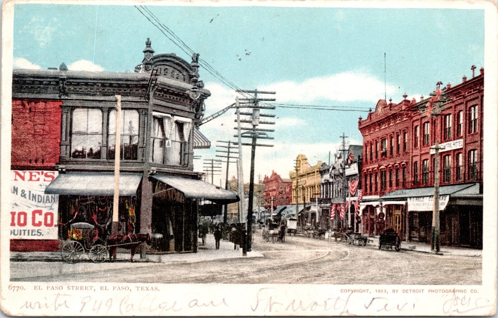 C.1903 El Paso TX Main Street View Dirt Road Detroit Pub Texas Postcard A227