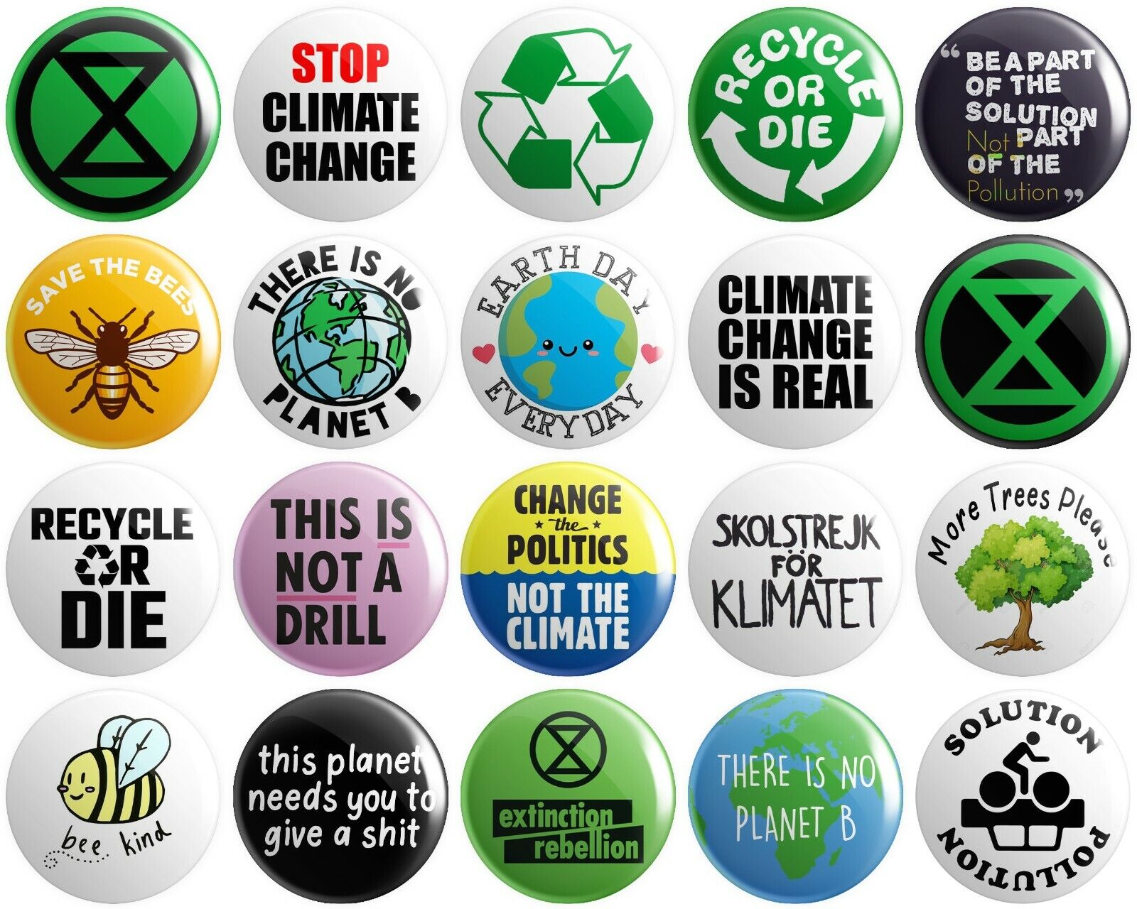 20 x Climate Change BUTTON PIN BADGES 25mm 1 INCH | Extinction Rebellion 
