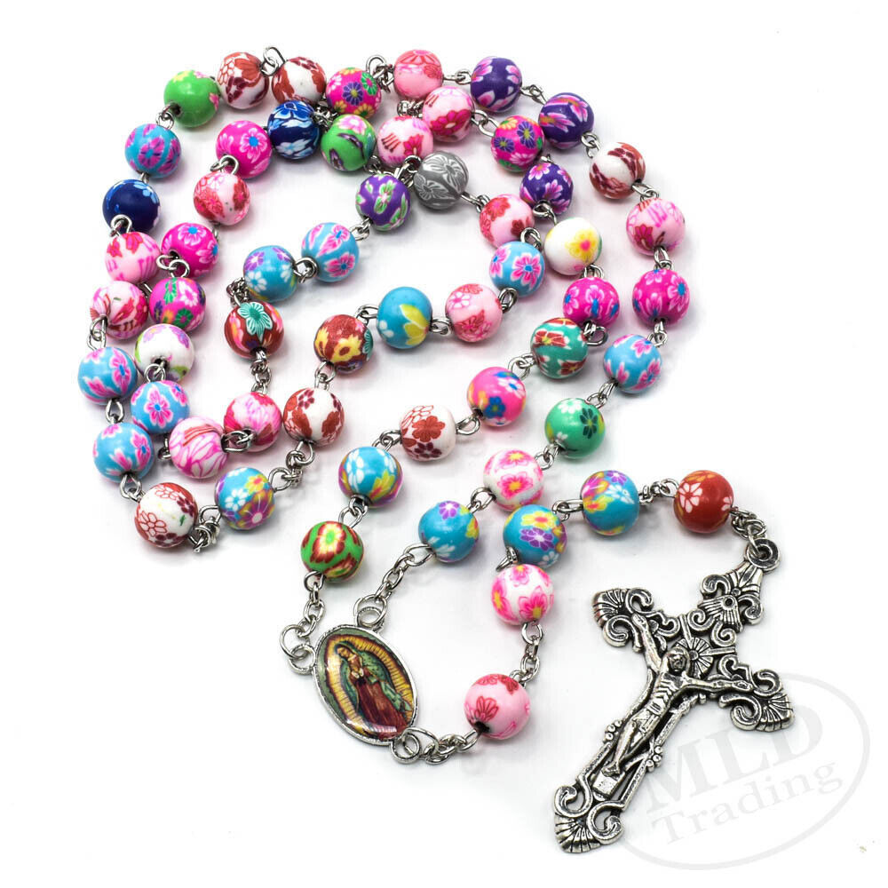 Catholic Virgin Mary Rosary Necklace Pastel Flower Pattern Polymer Clay Beads