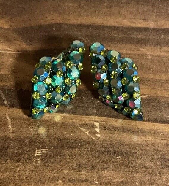 Vintage Blue Green And Lime Sparkly Rhinestones Clip On Earrings (Missing Stone)