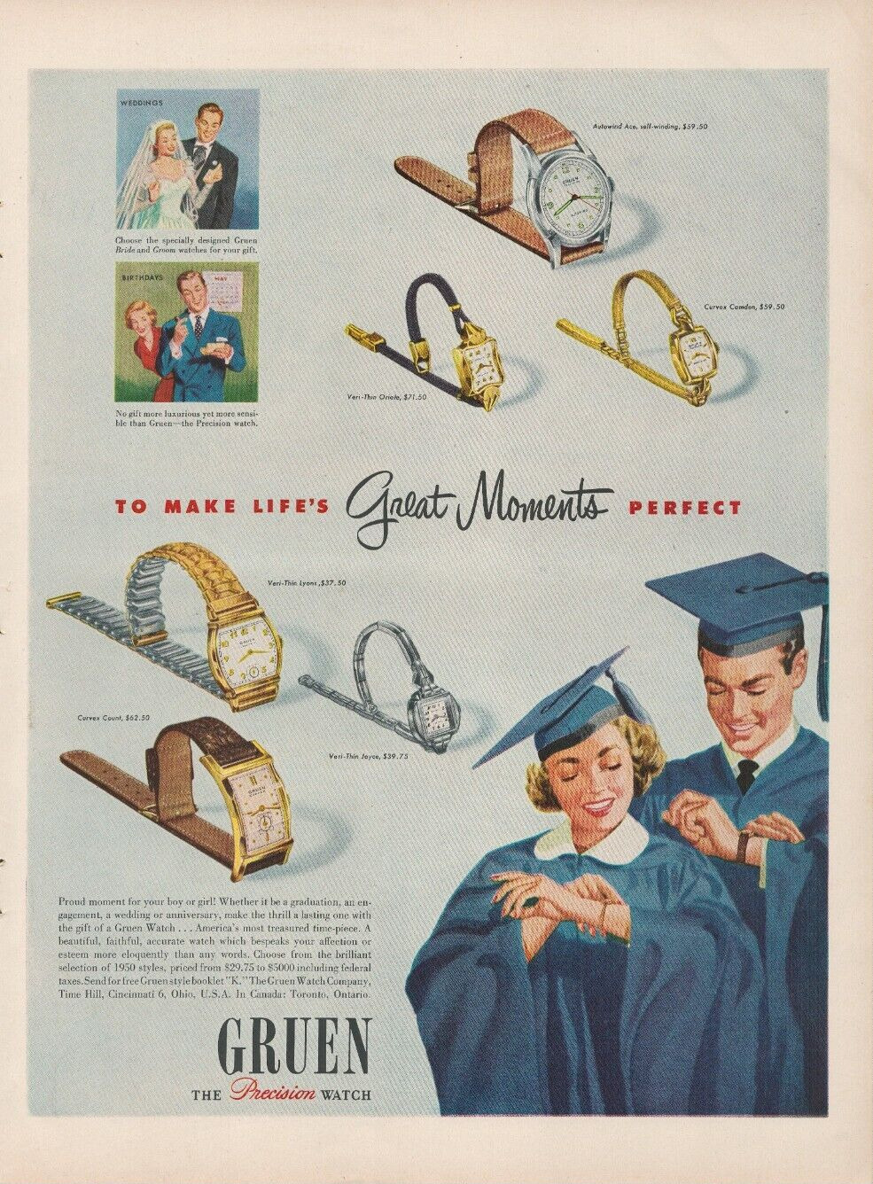 1950 Gruen Precision Watches Make Life\'s Great Moments Perfect Vintage Print Ad