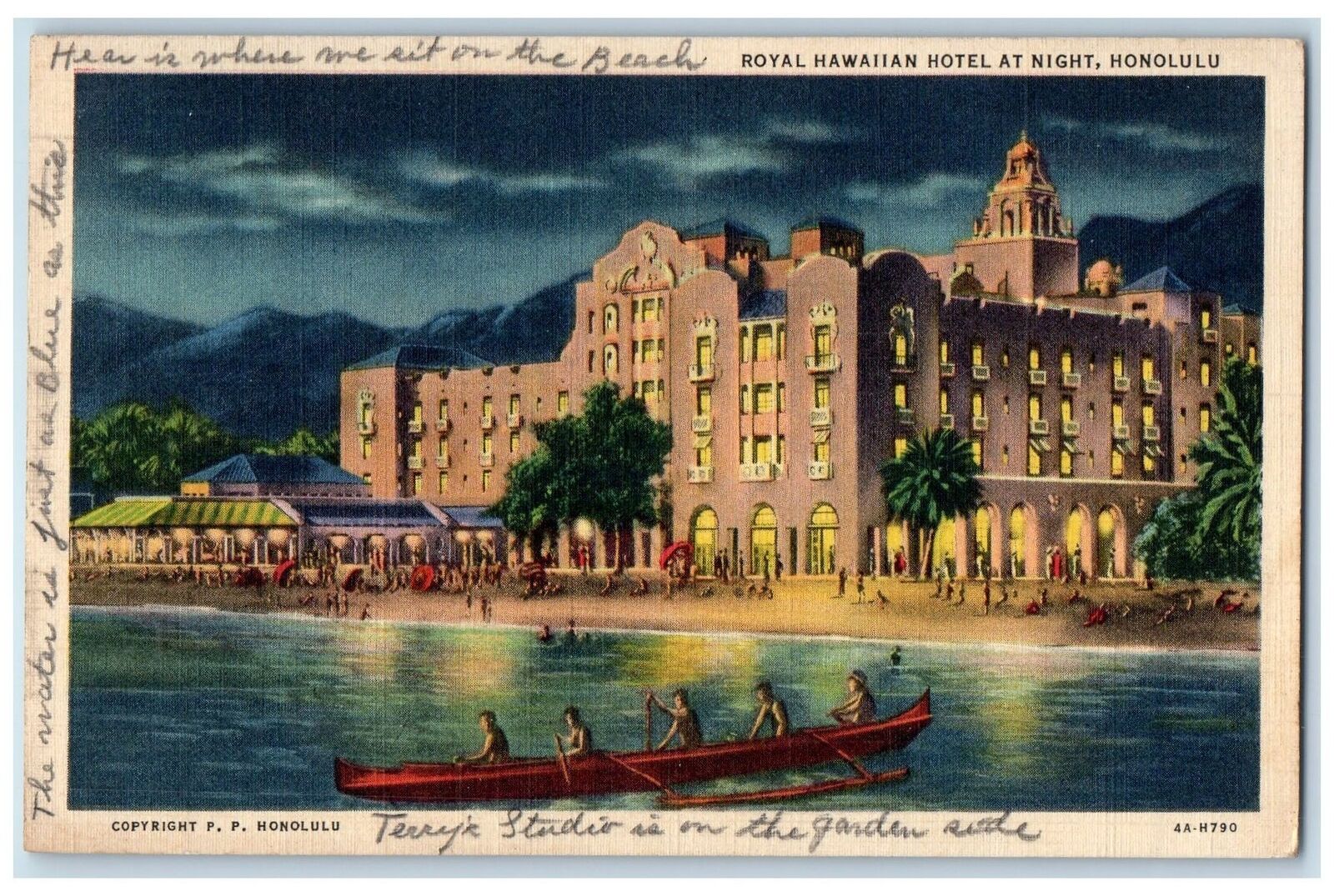 1936 Royal Hawaiian Hotel People On Boat At Night Honolulu Hawaii HI Postcard