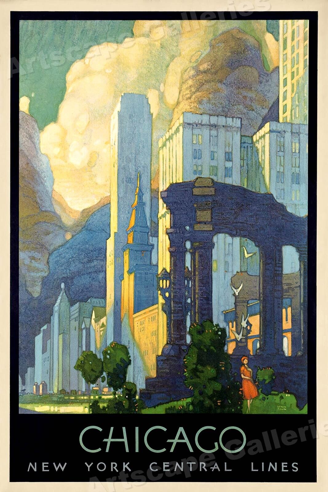 1920s Chicago NY Central Lines Art Deco Vintage Style Travel Poster - 16x24